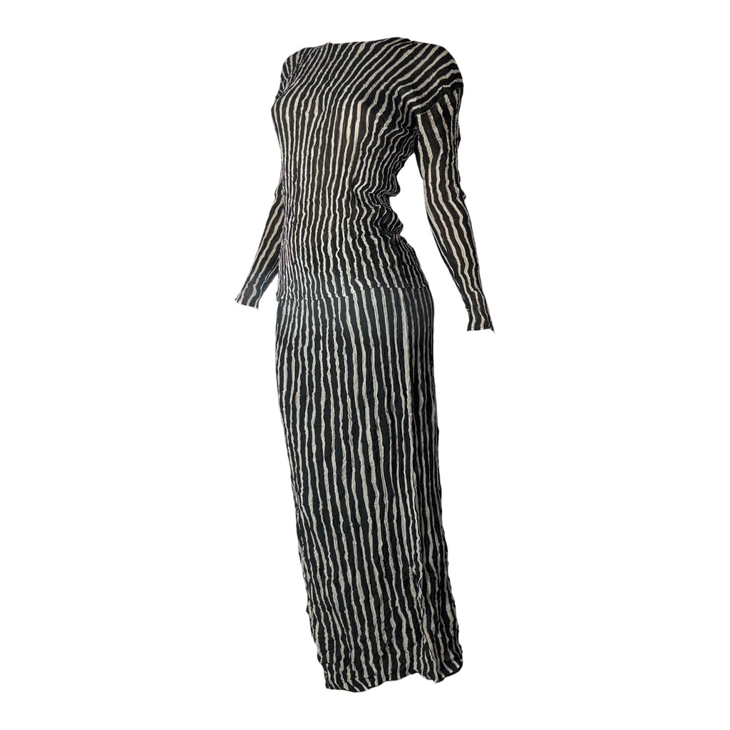 archival 1996 issey miyake mainline striped ripple pleated top + maxi skirt set
