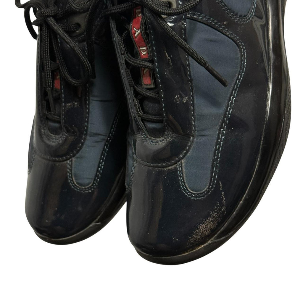 prada america’s cup navy blue patent leather sneakers