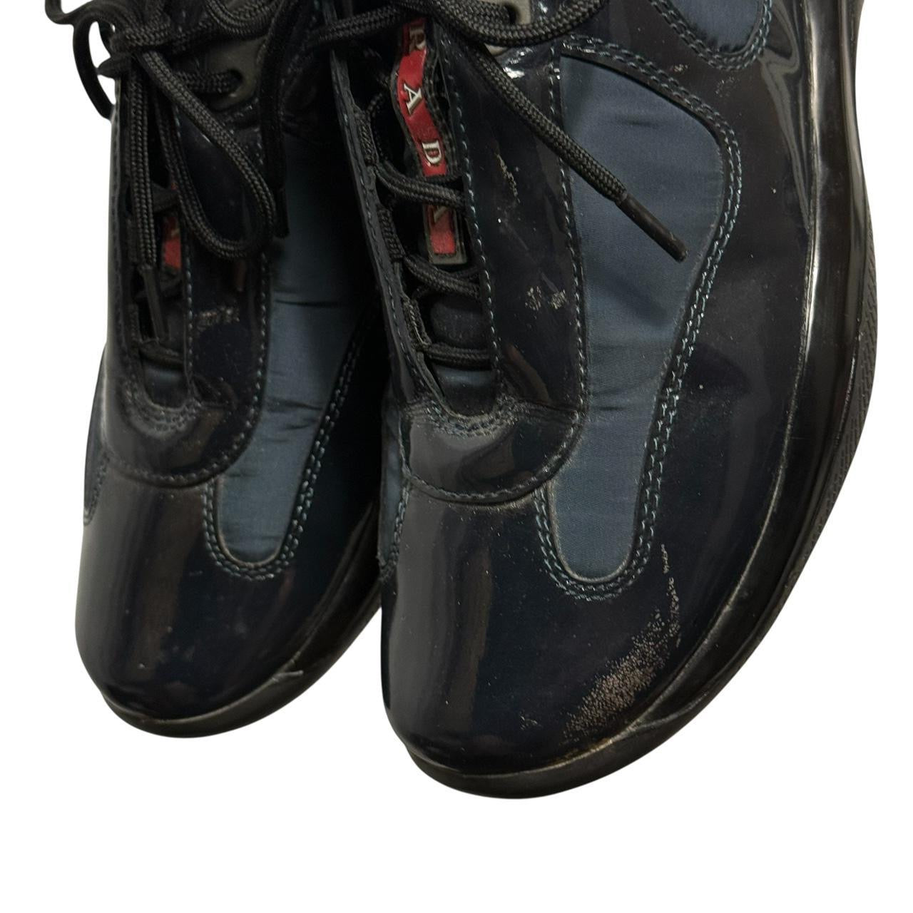 prada america’s cup navy blue patent leather sneakers