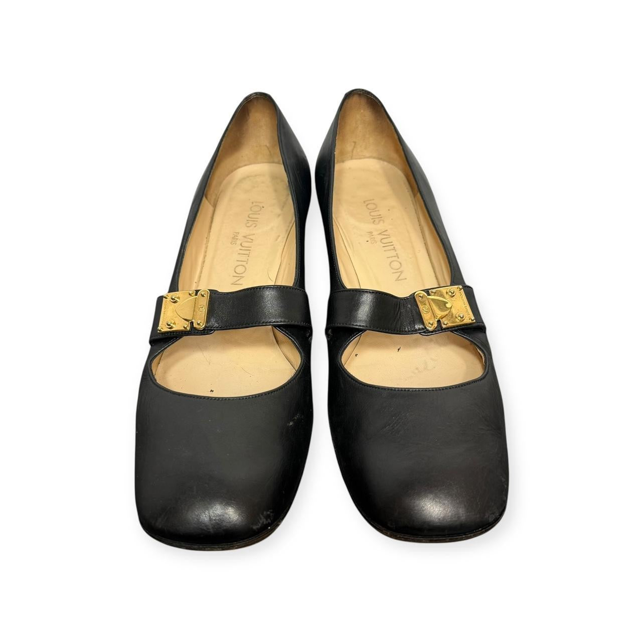 vintage louis vuitton black leather block heel mary janes