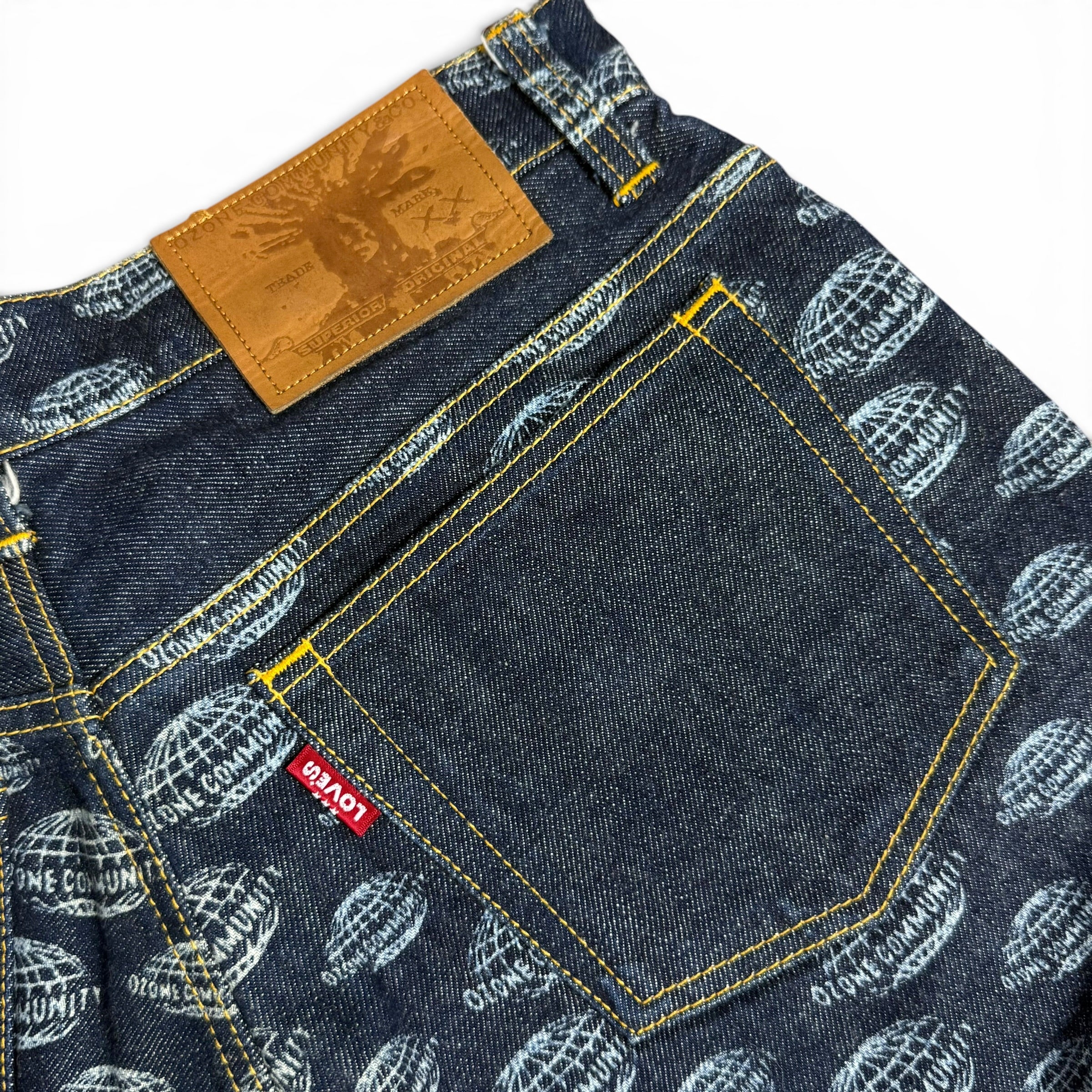 vintage ozone community all over print globe logo flared japanese denim