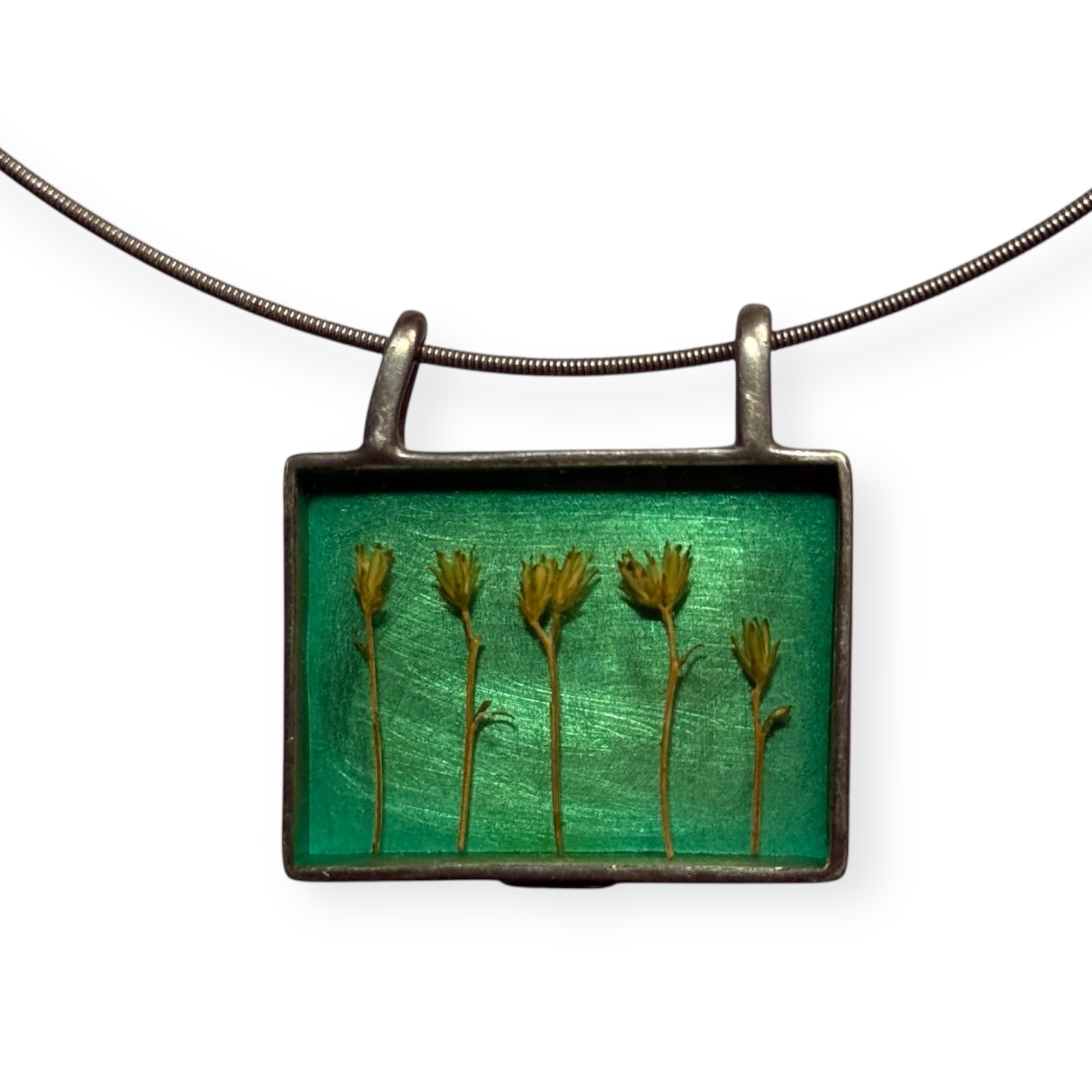 artisan made sterling silver pressed botanical “shadowbox” necklace