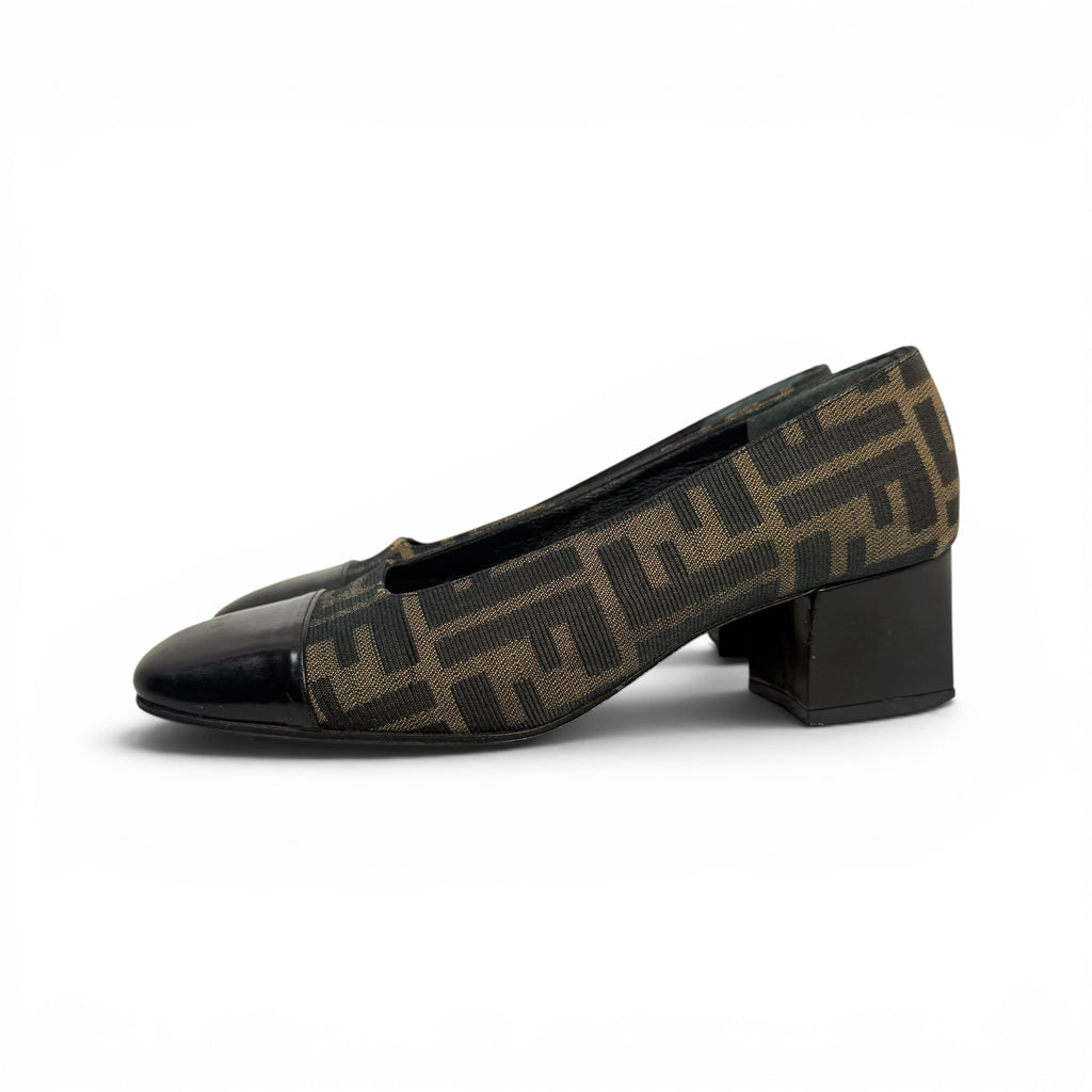 vintage fendi zucca monogram canvas + black leather cap toe block heel pumps