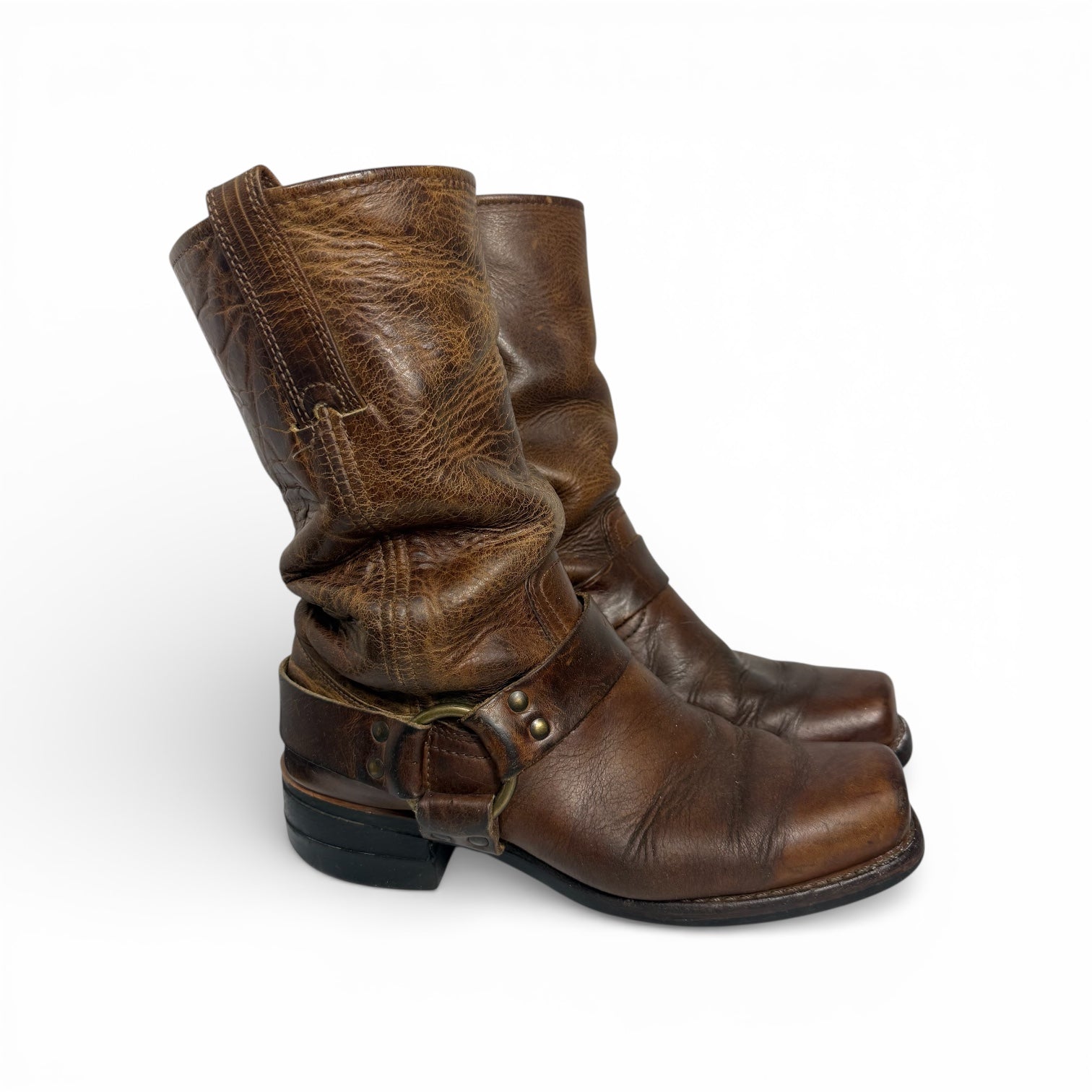 vintage 80s frye distressed leather mid calf harness boots