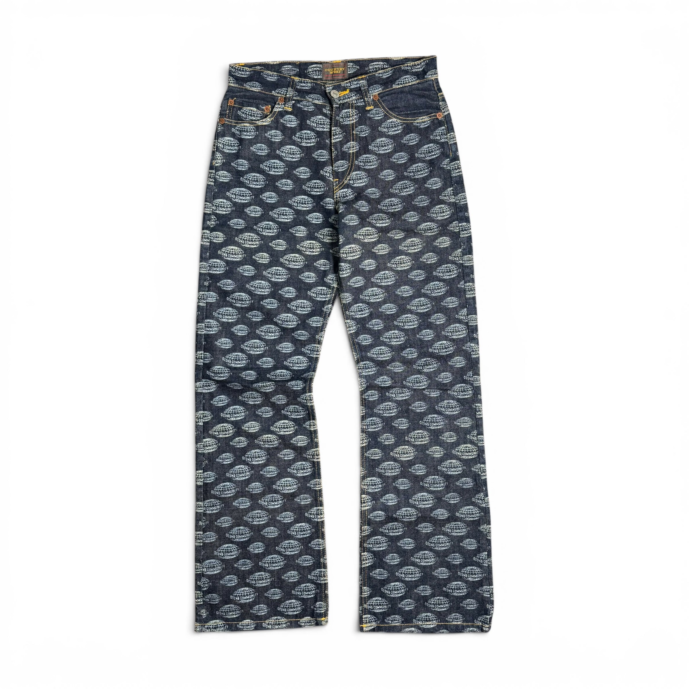vintage ozone community all over print globe logo flared japanese denim