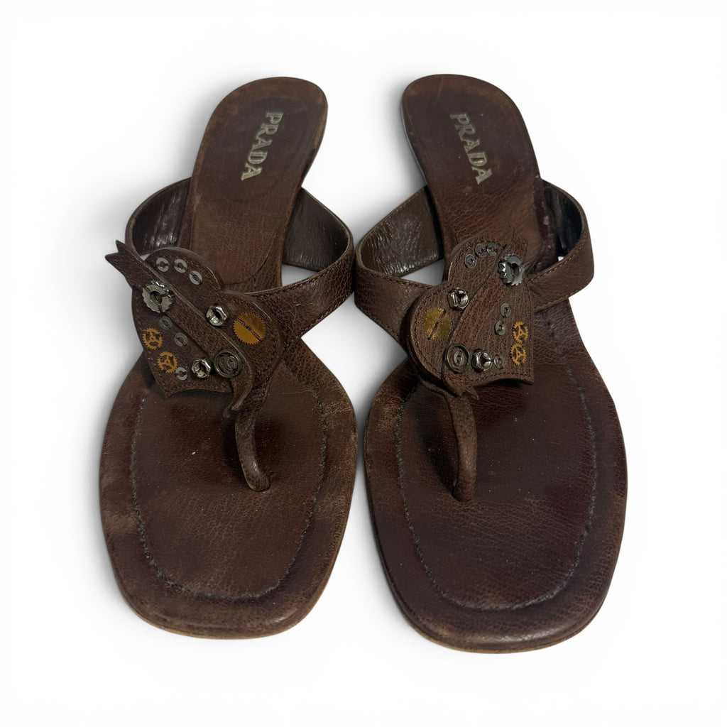 vintage y2k prada brown leather thong kitten heel gear sandals