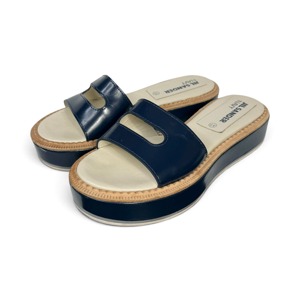 jil sander navy blue leather cutout platform slide sandals