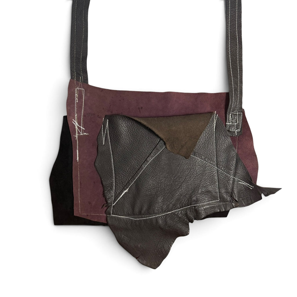 custom avant garde raw edge leather distressed patchwork crossbody bag