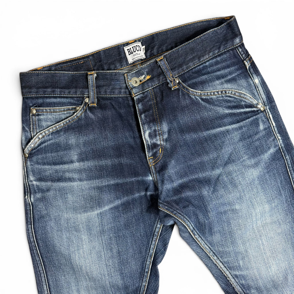 bluco work garment standard distressed indigo japanese denim button fly jeans
