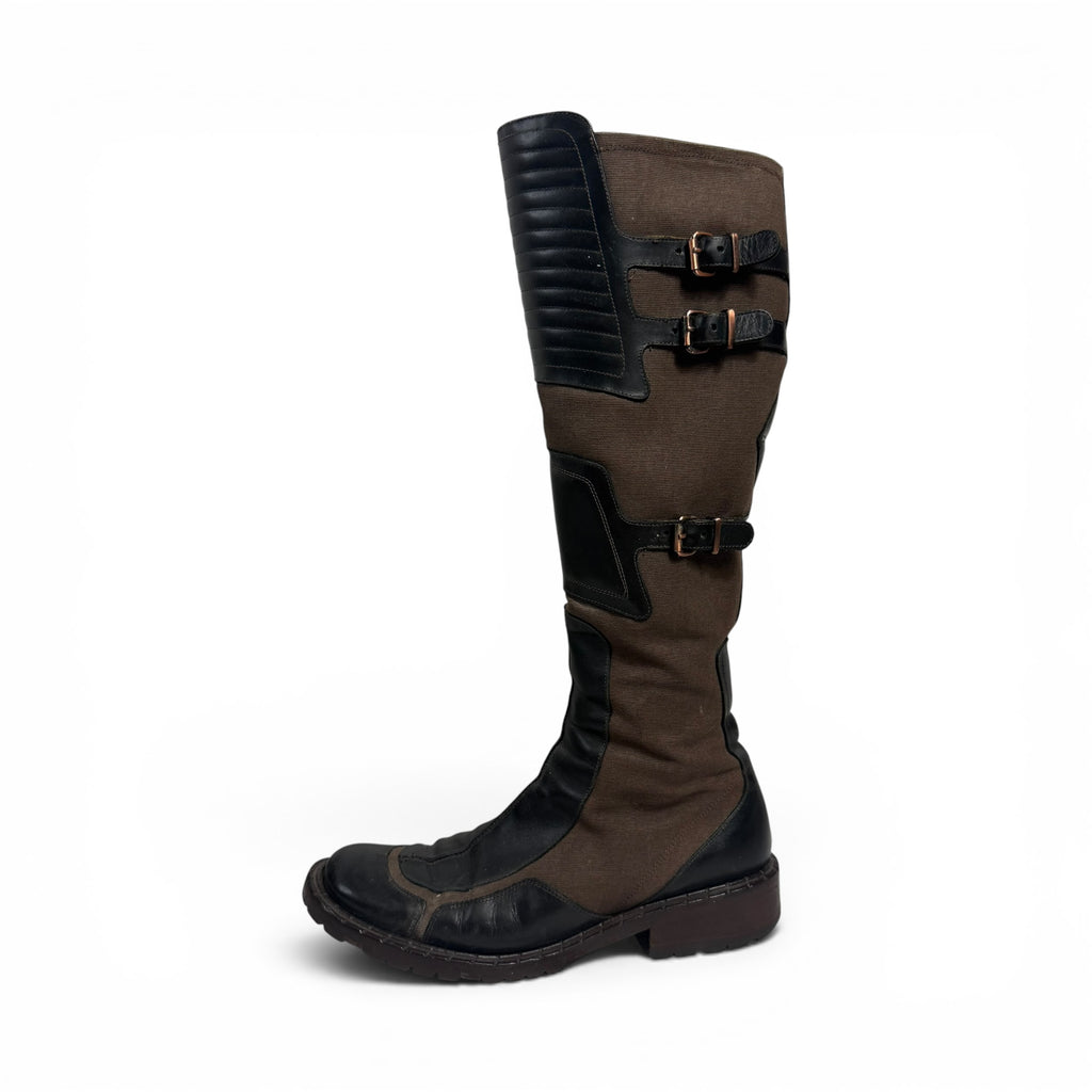 vintage goffredo fantini brown canvas + black leather multi buckle knee high moto boots