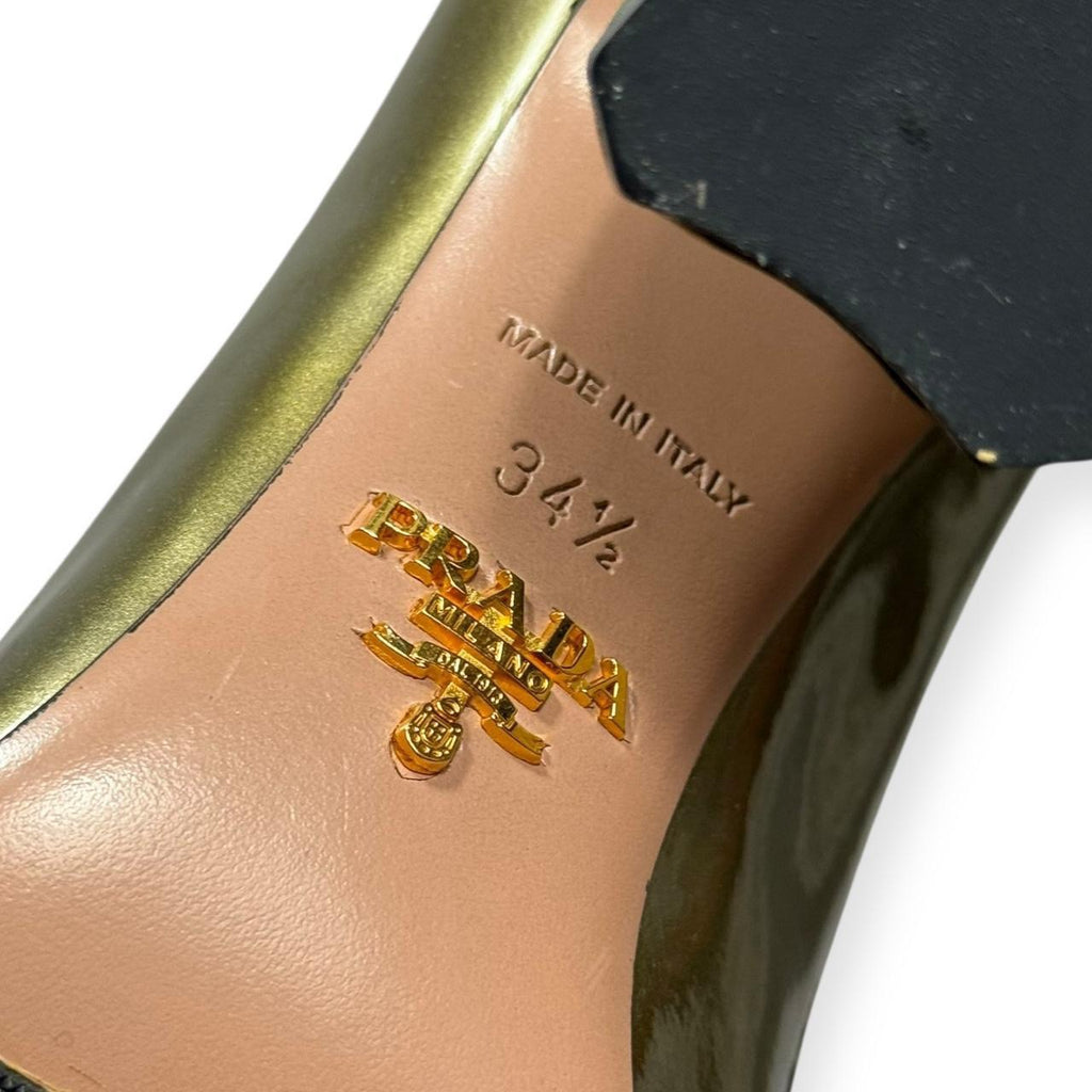 prada metallic green patent leather block heel button pumps