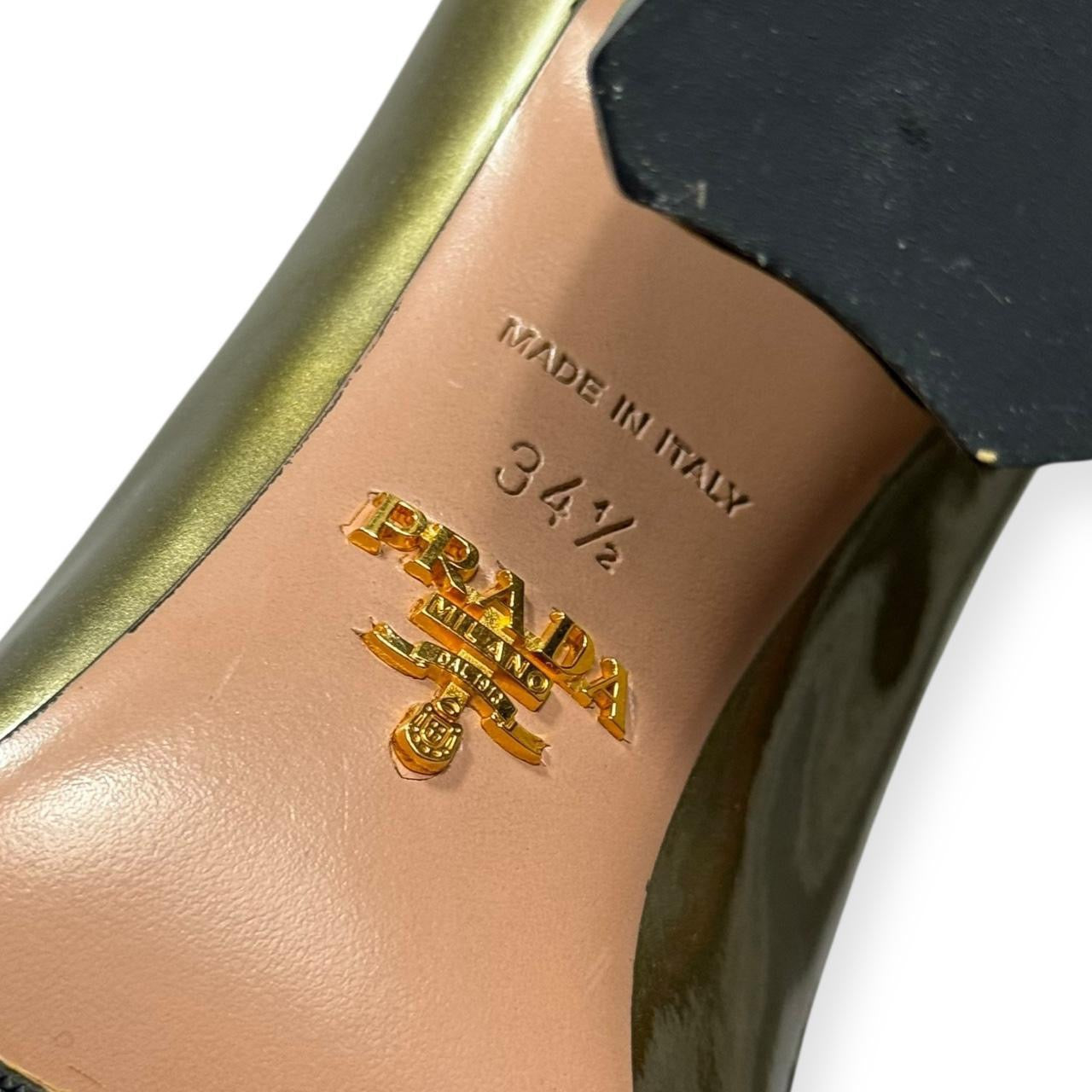 prada metallic green patent leather block heel button pumps