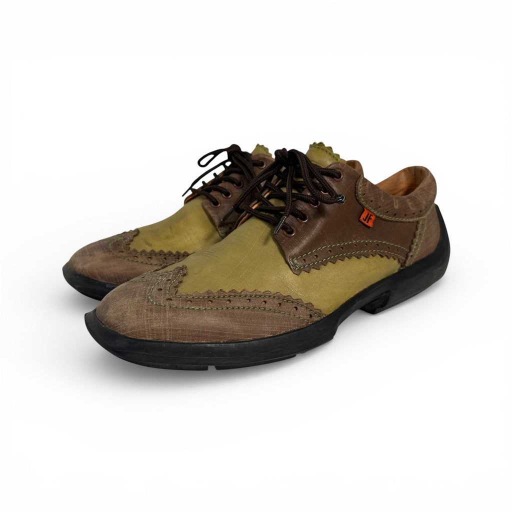 john fluevog charles future angel green + brown wingtip brogues