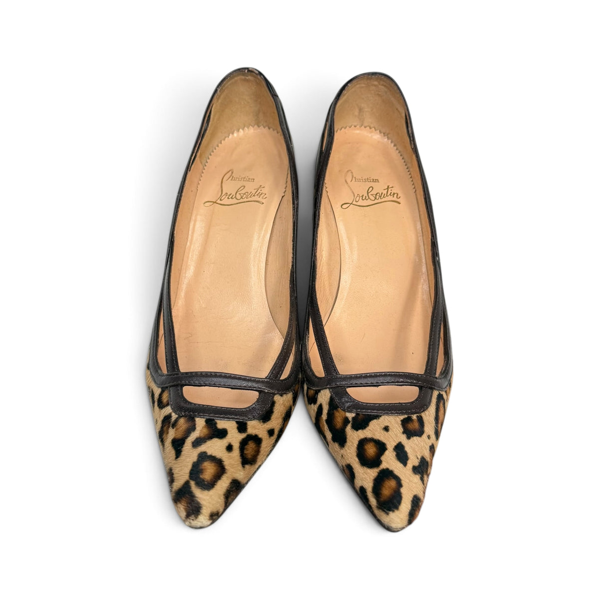 christian louboutin leopard print calf hair pointed toe kitten heel pumps with box + dust bag