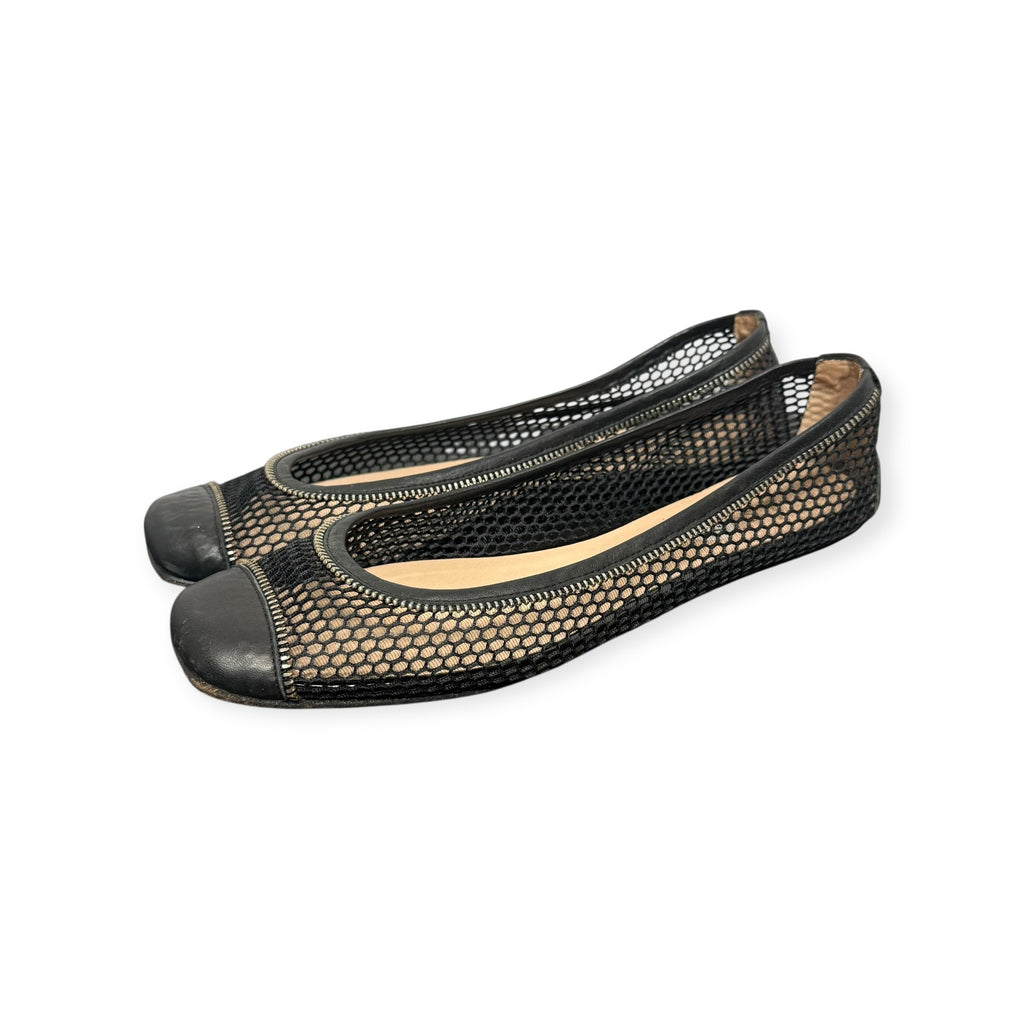 french sole black mesh & zipper leather cap toe ballet flats
