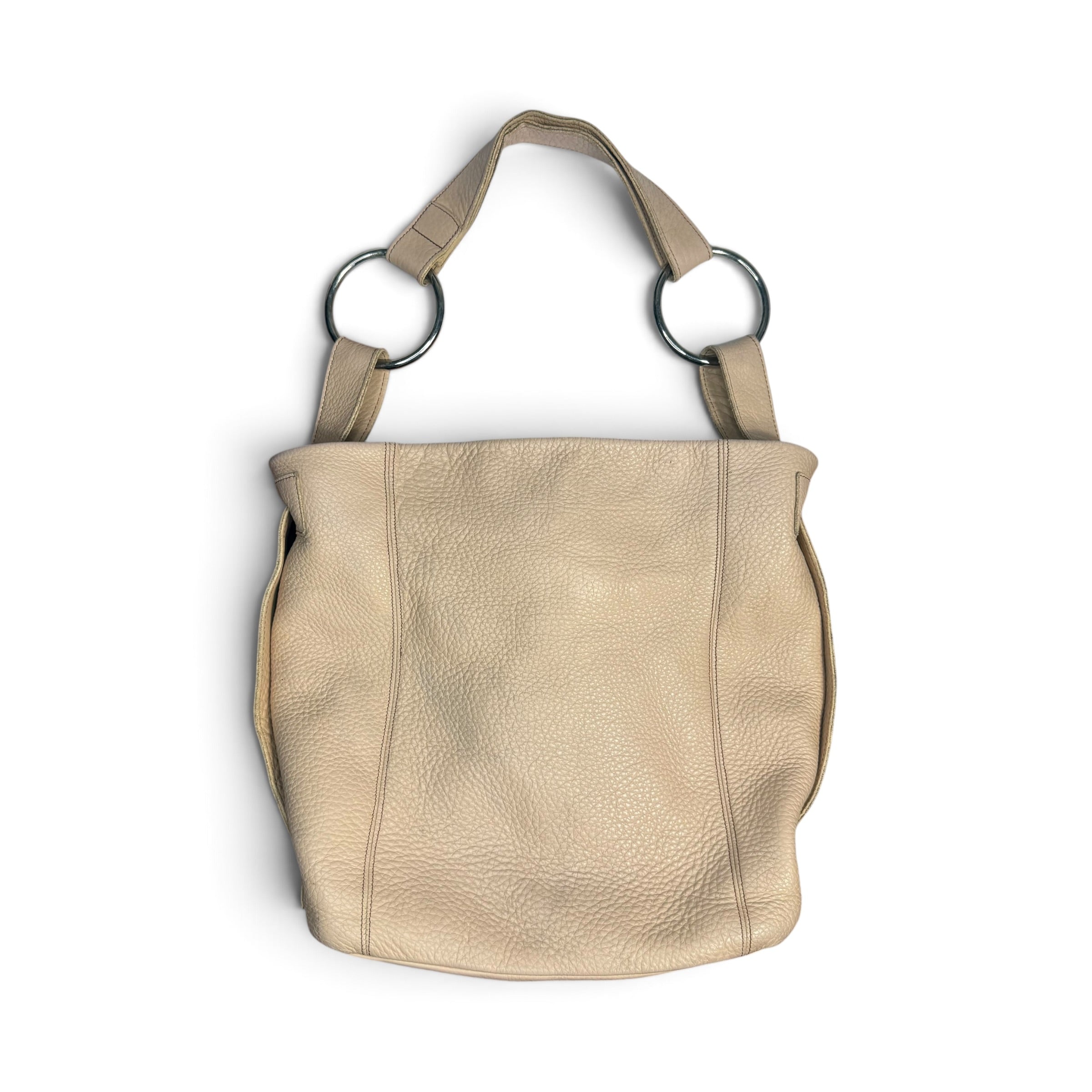 vintage c&b made in spain cream pebbled leather + silver o ring hobo bag
