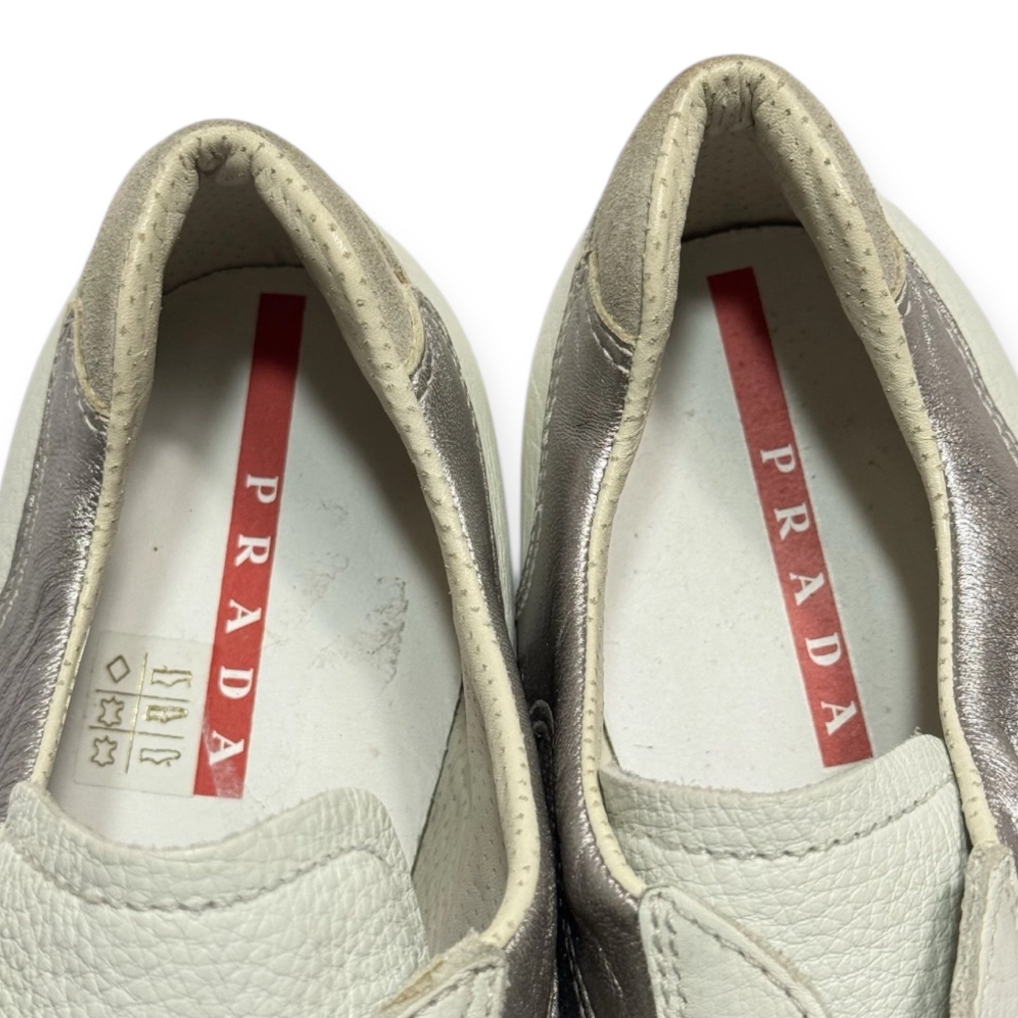 vintage prada leather & textile silver sneakers