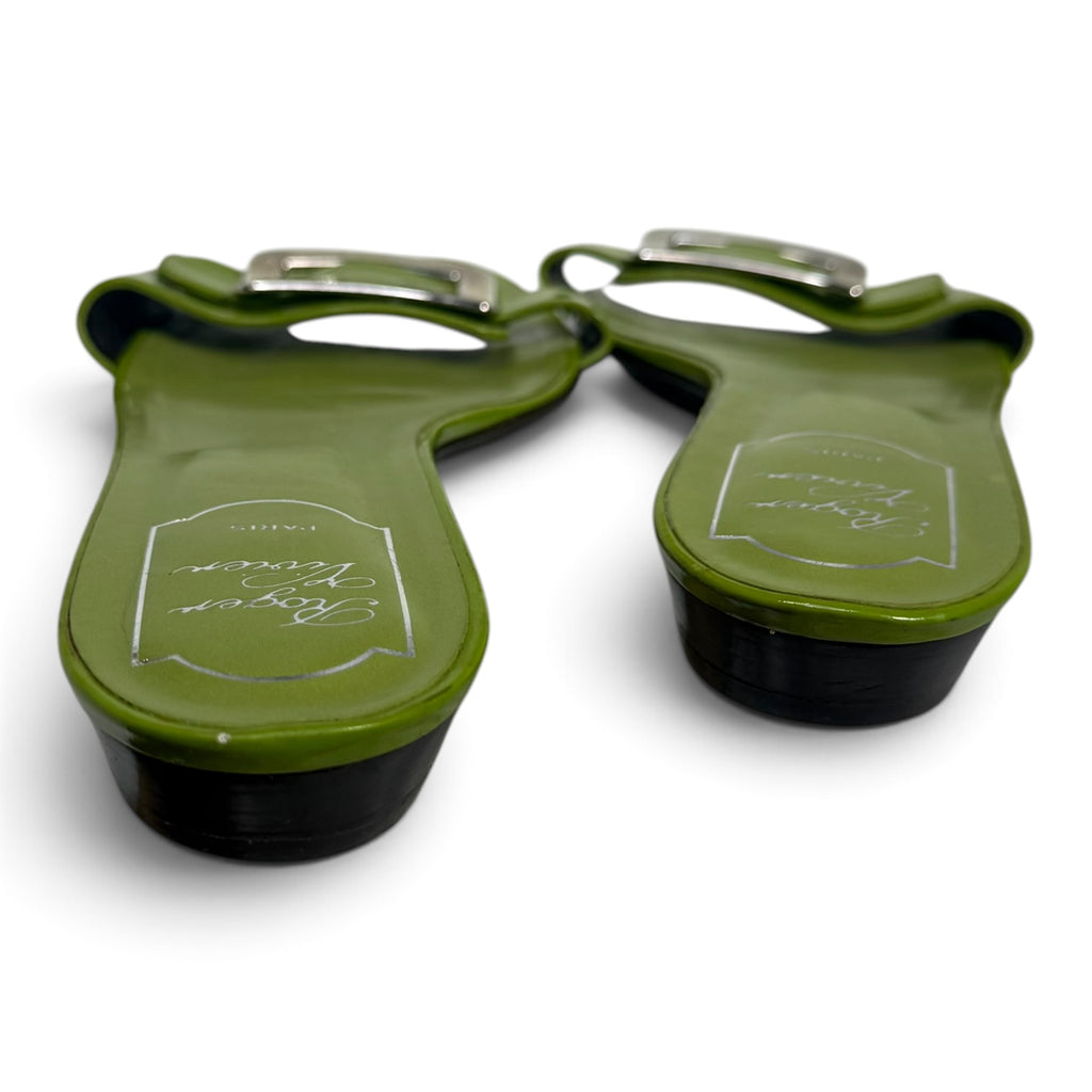 roger vivier green patent leather silver buckle slide sandals
