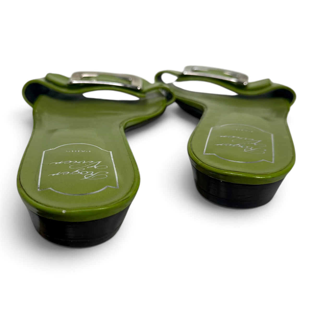 roger vivier green patent leather silver buckle slide sandals