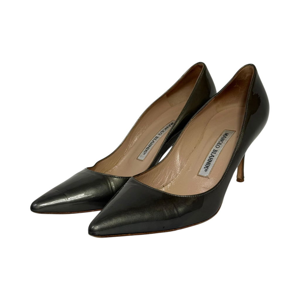 manolo blahnik metallic green patent leather pointed toe bb pumps