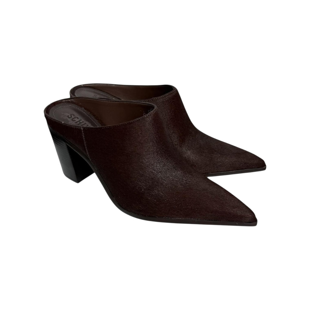 schutz mikki mules in dark red calf hair