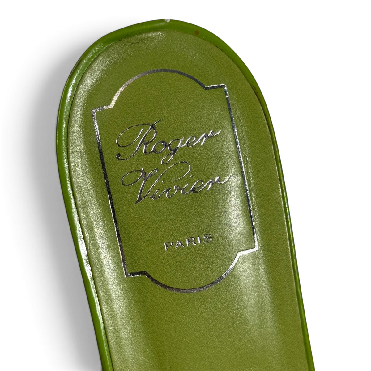 roger vivier green patent leather silver buckle slide sandals