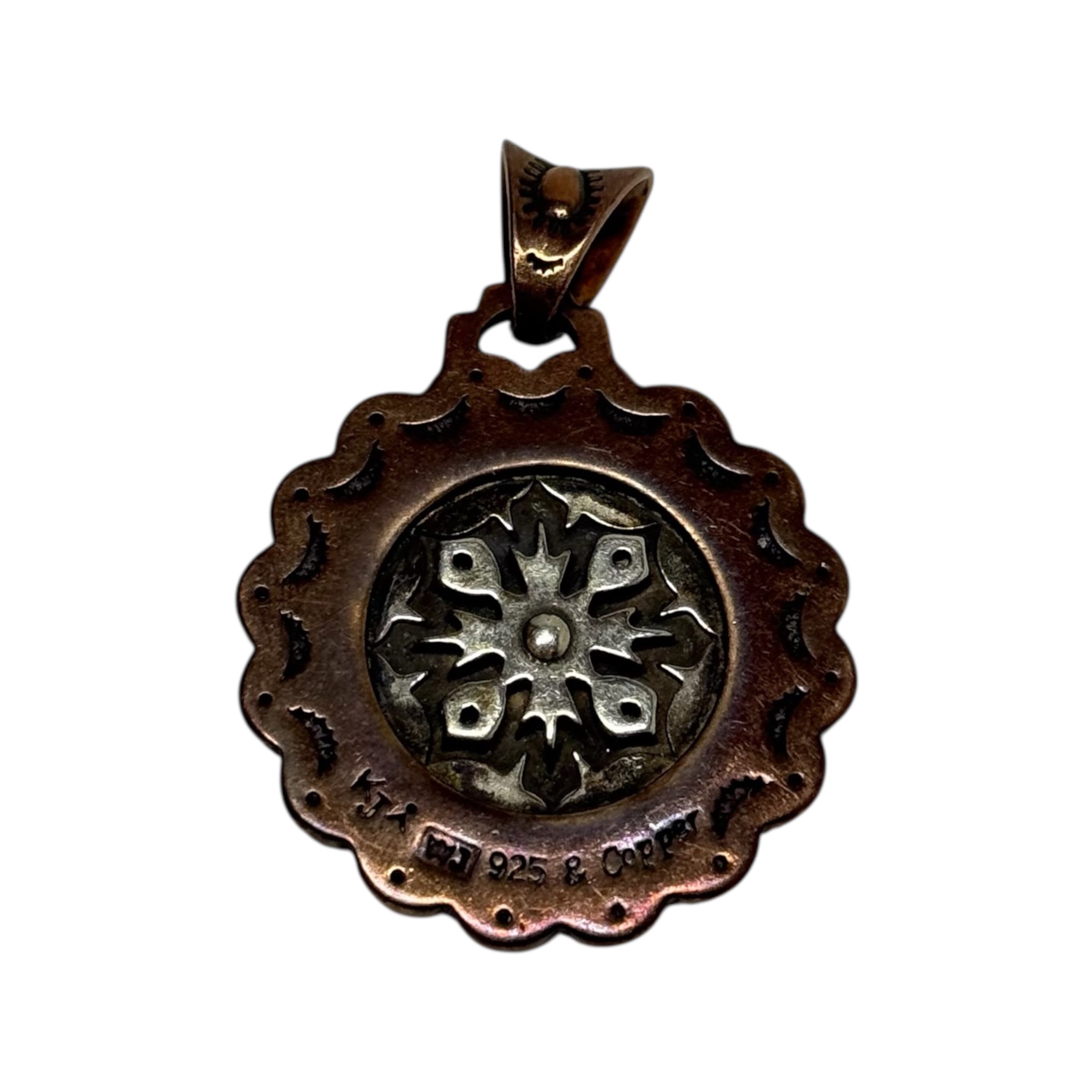 vintage navajo sterling silver & copper pendant signed kj wj