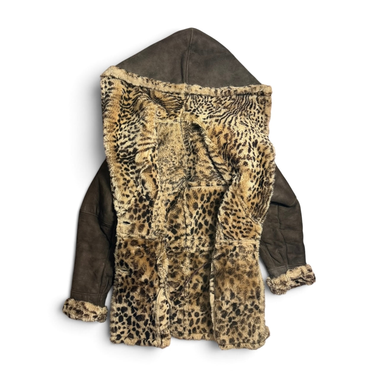 vintage delino sheepskin shearling hooded brown suede leopard fur lined coat