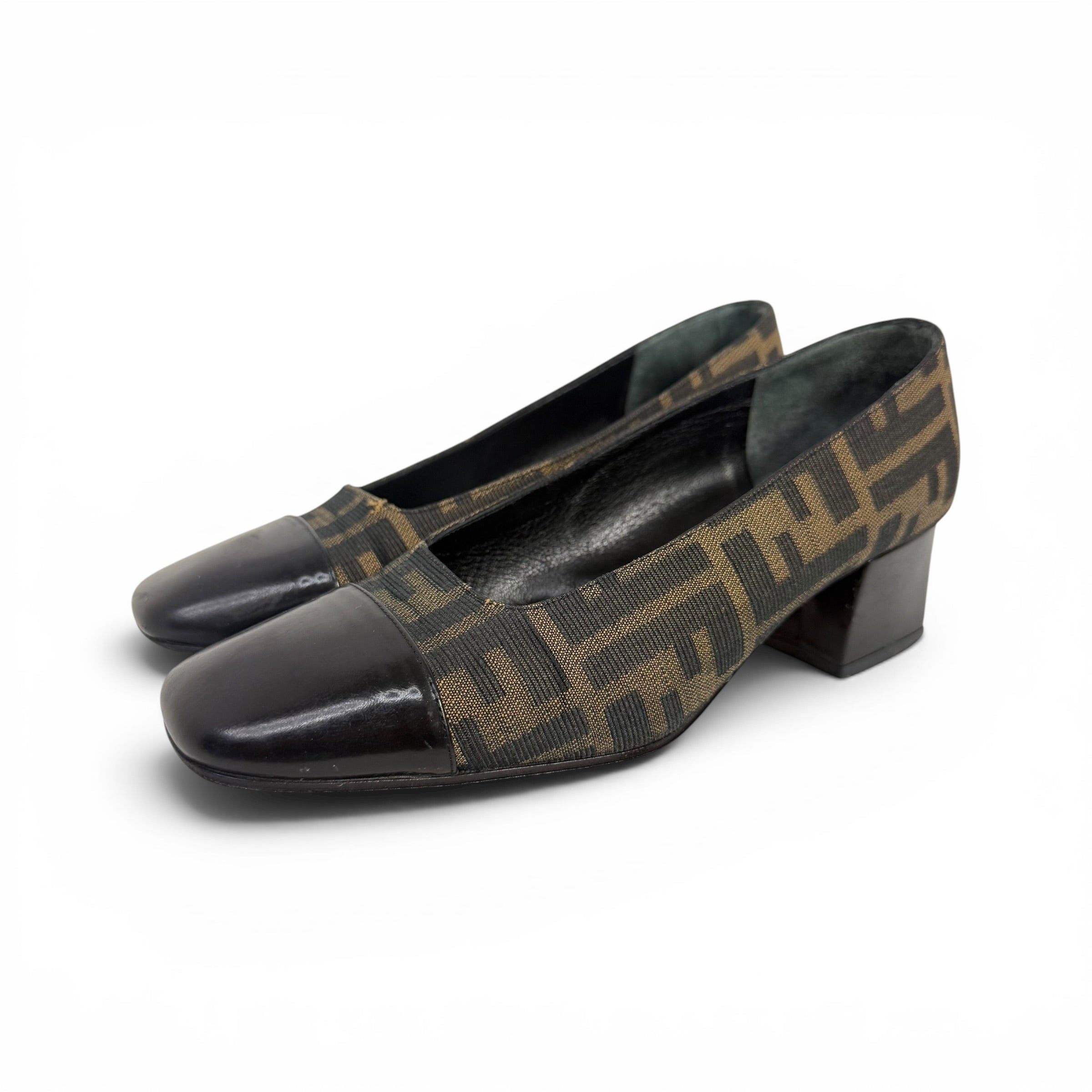 vintage fendi zucca monogram canvas + black leather cap toe block heel pumps