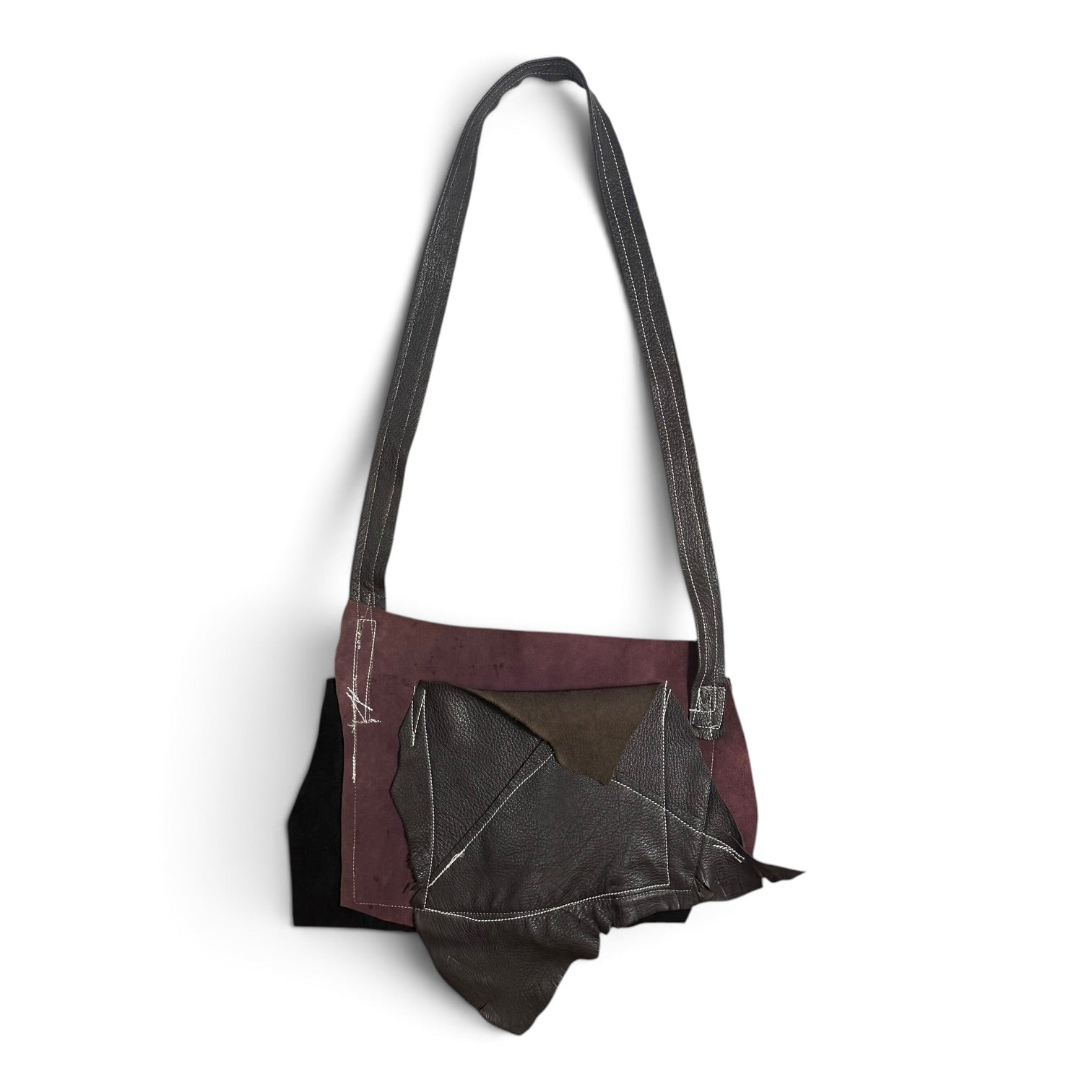 custom avant garde raw edge leather distressed patchwork crossbody bag