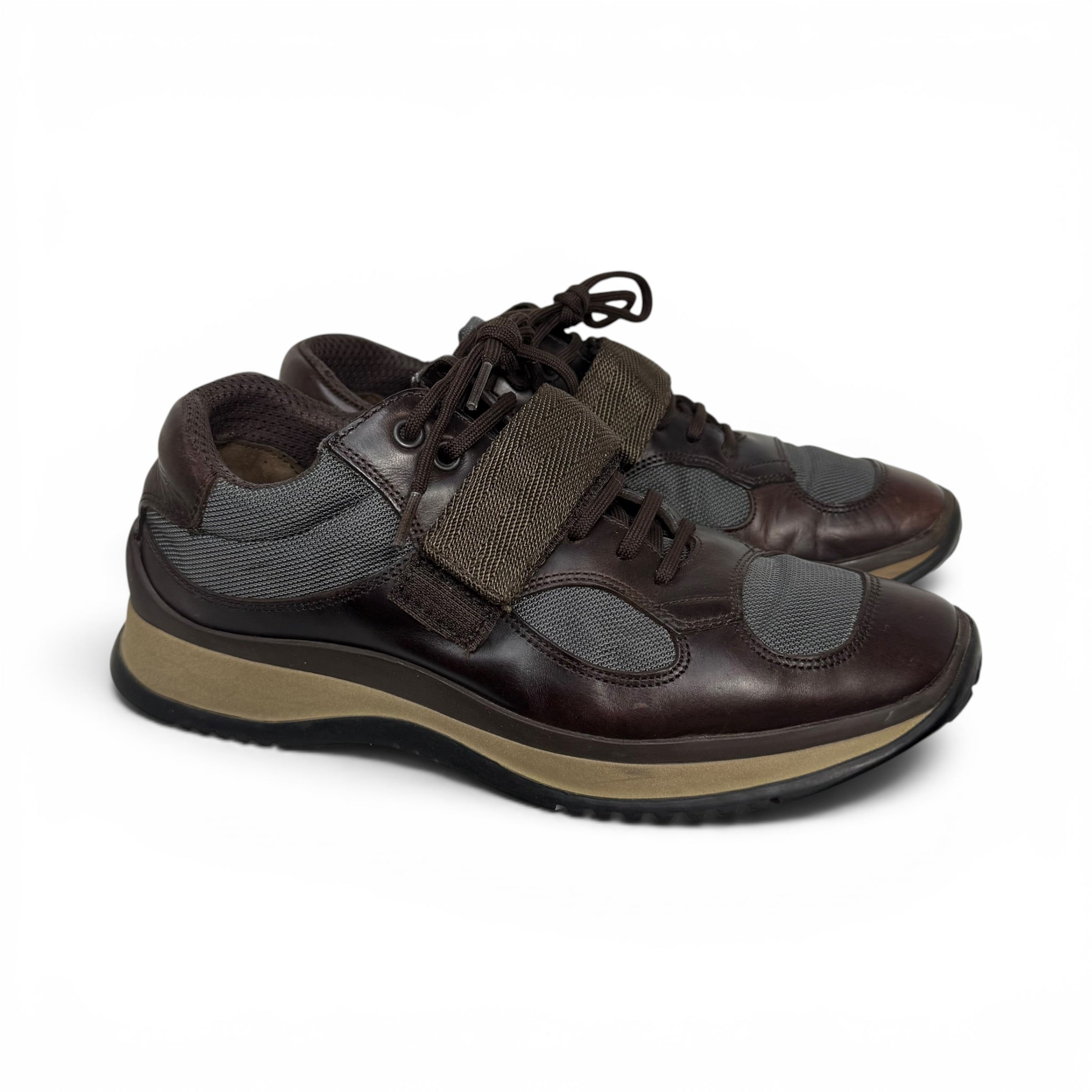 vintage prada americas cup line rosso dark brown leather low top sneakers