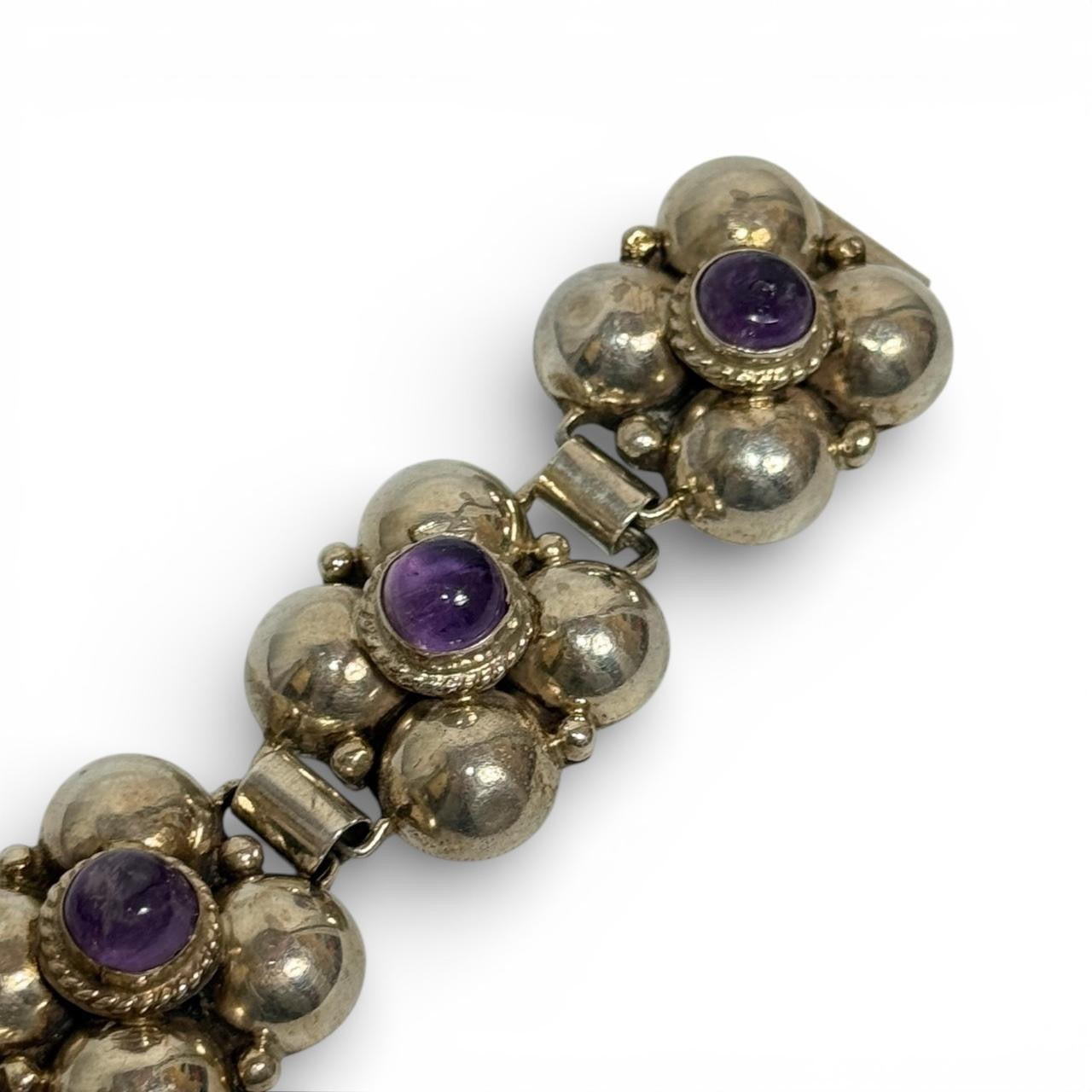 vintage mexican sterling silver & amethyst cabochon chunky bracelet