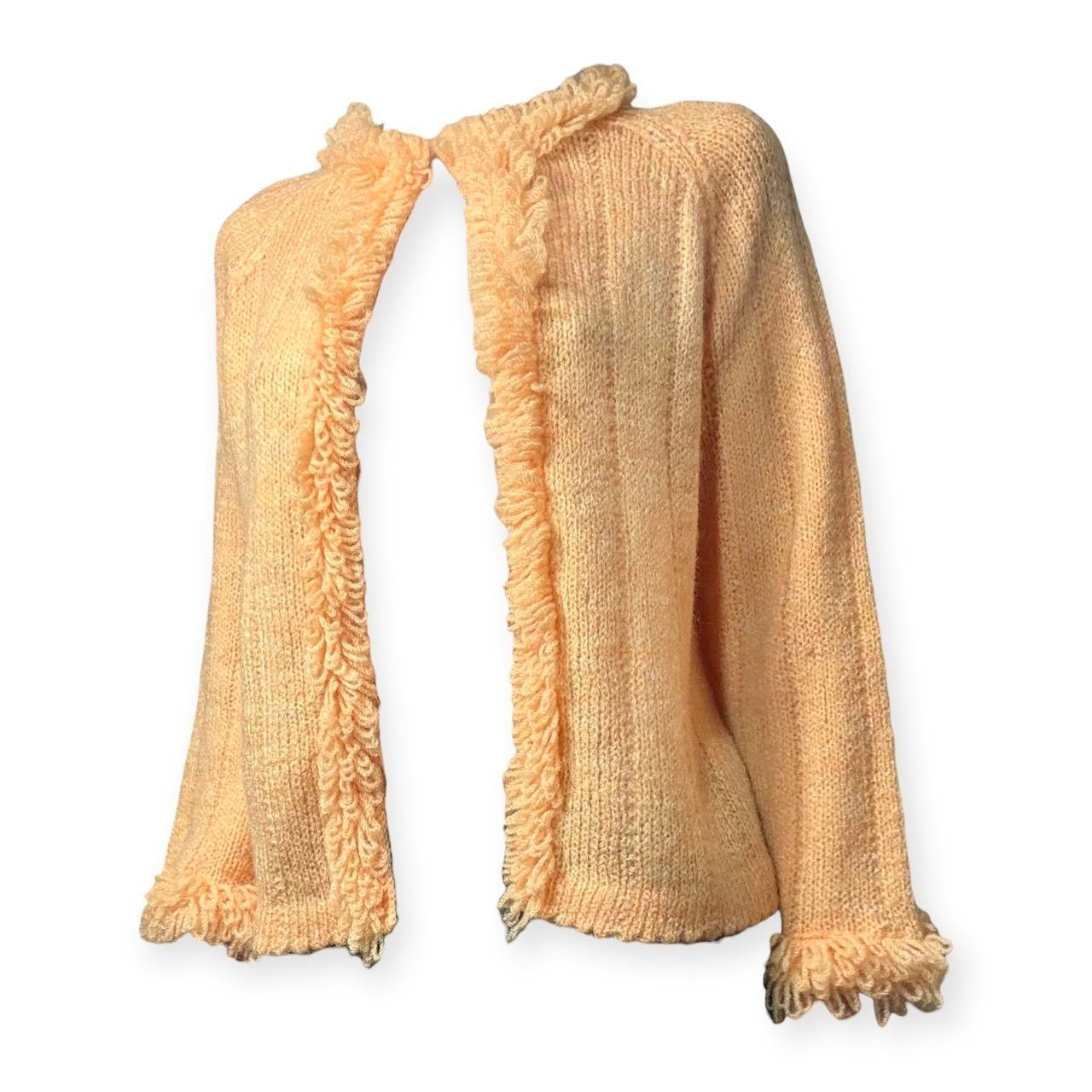 vintage 60s handmade shaggy loop stitch peach poodle knit cardigan