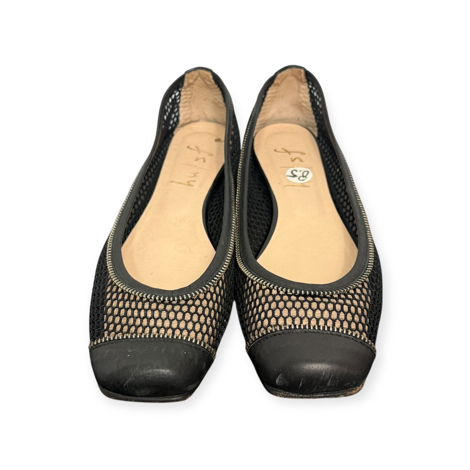 french sole black mesh & zipper leather cap toe ballet flats