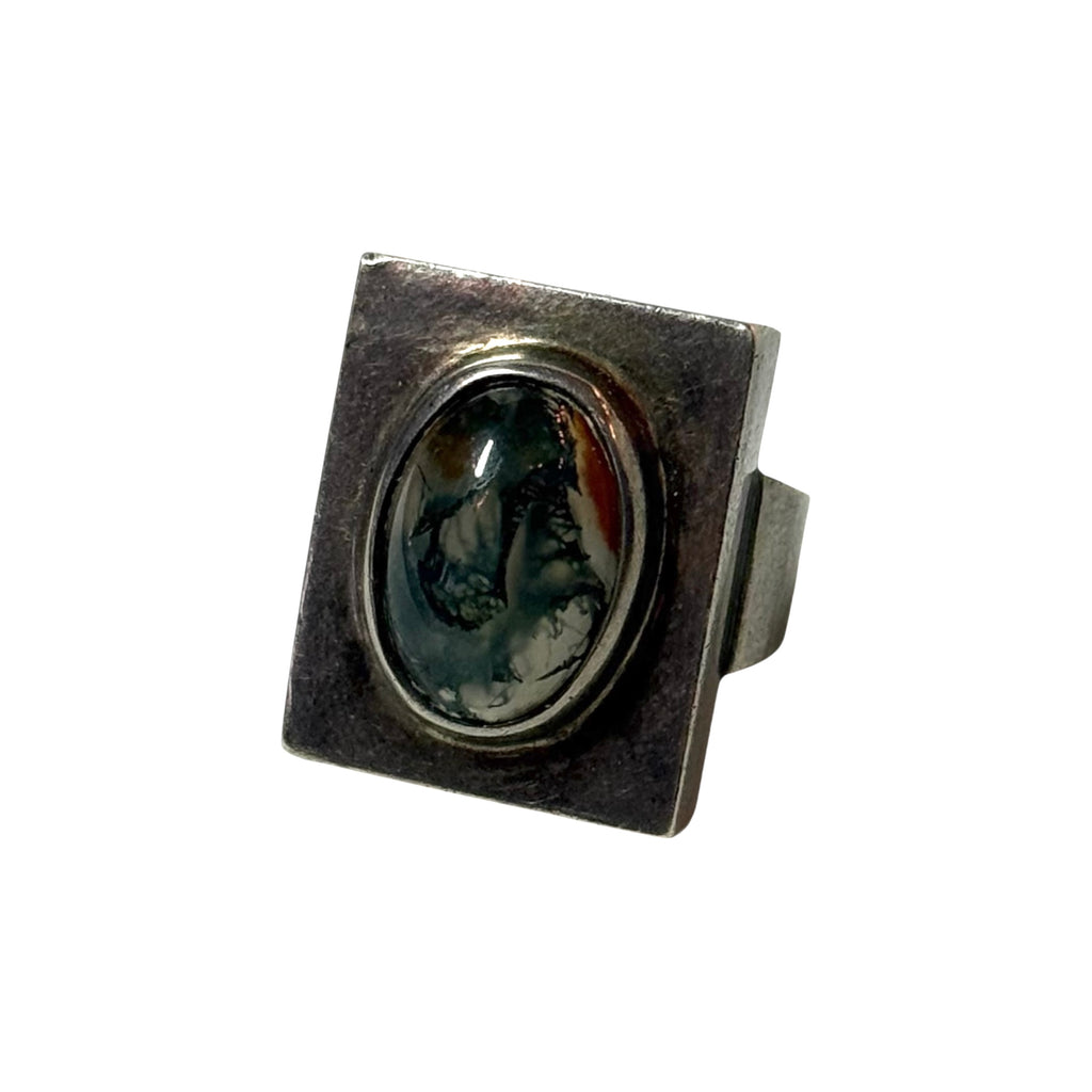 vintage artisanal silver & moss agate modernist architectural ring