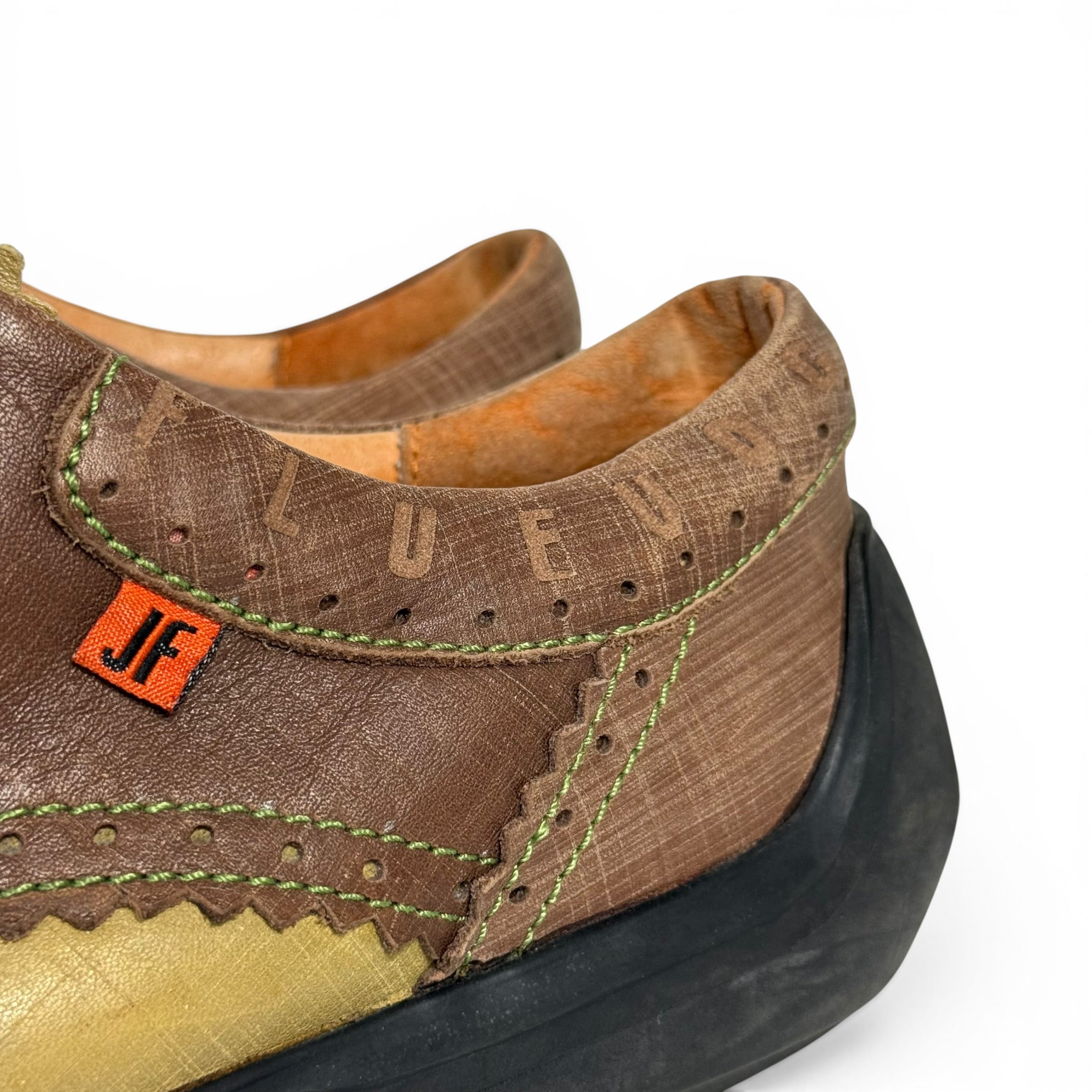 john fluevog charles future angel green + brown wingtip brogues
