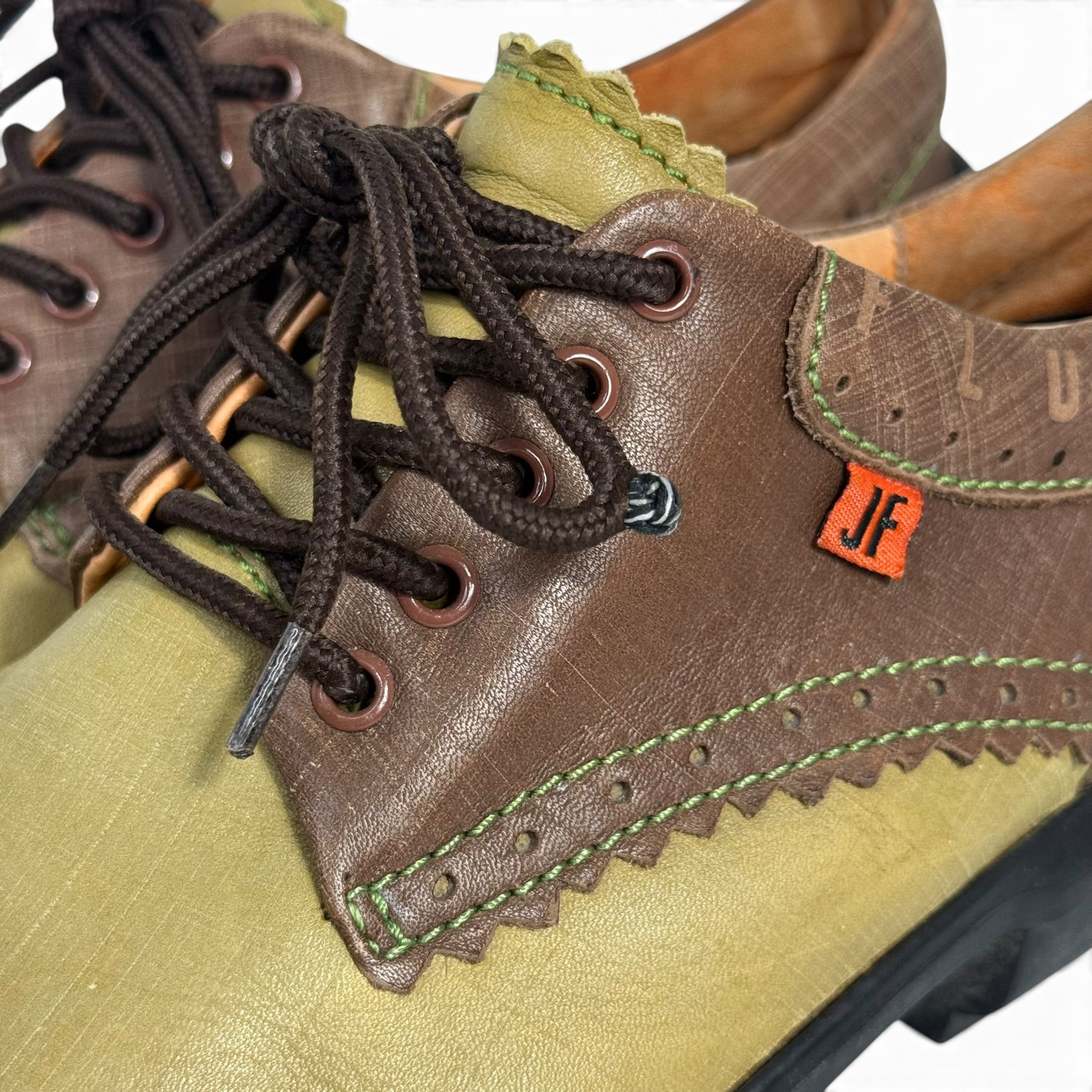john fluevog charles future angel green + brown wingtip brogues