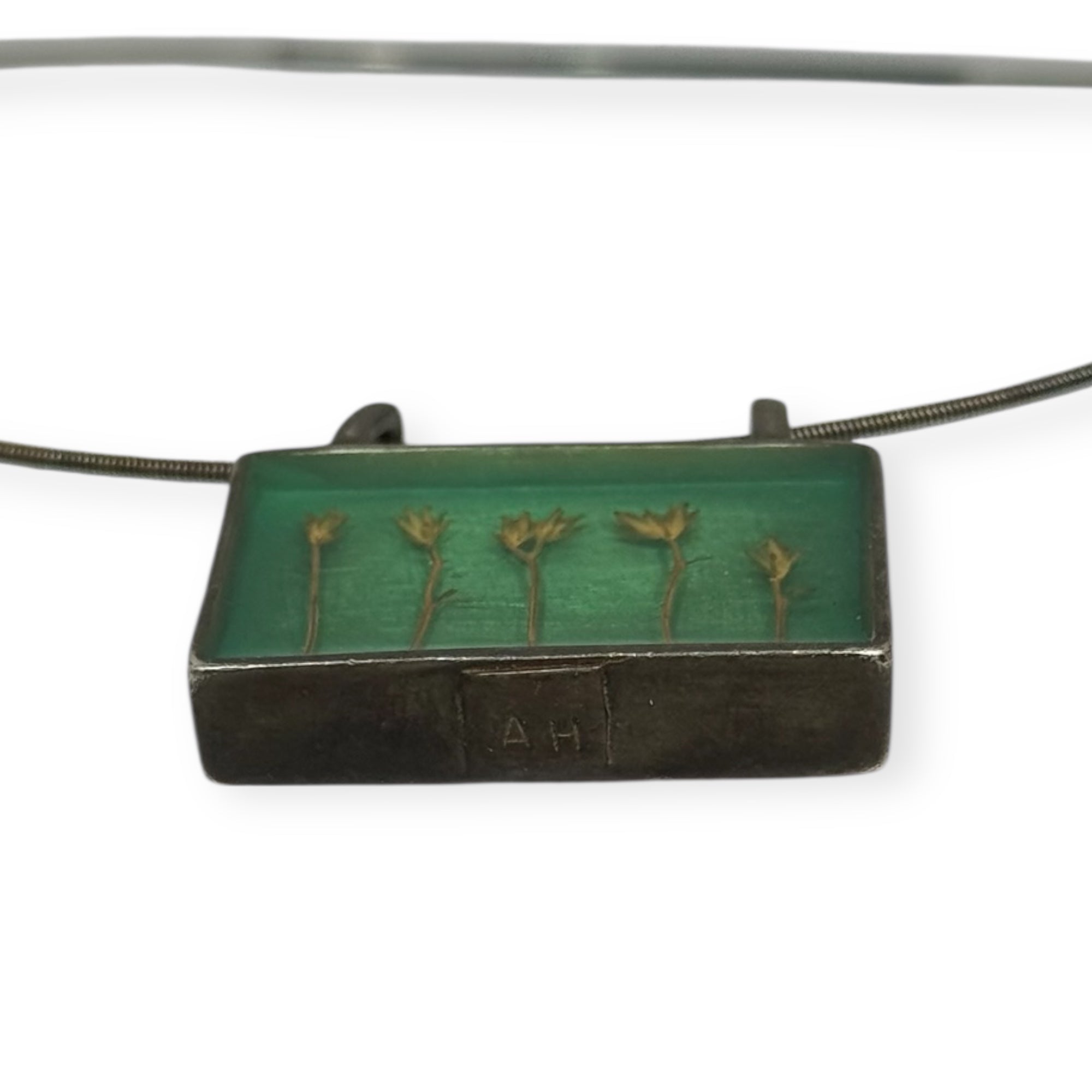 artisan made sterling silver pressed botanical “shadowbox” necklace