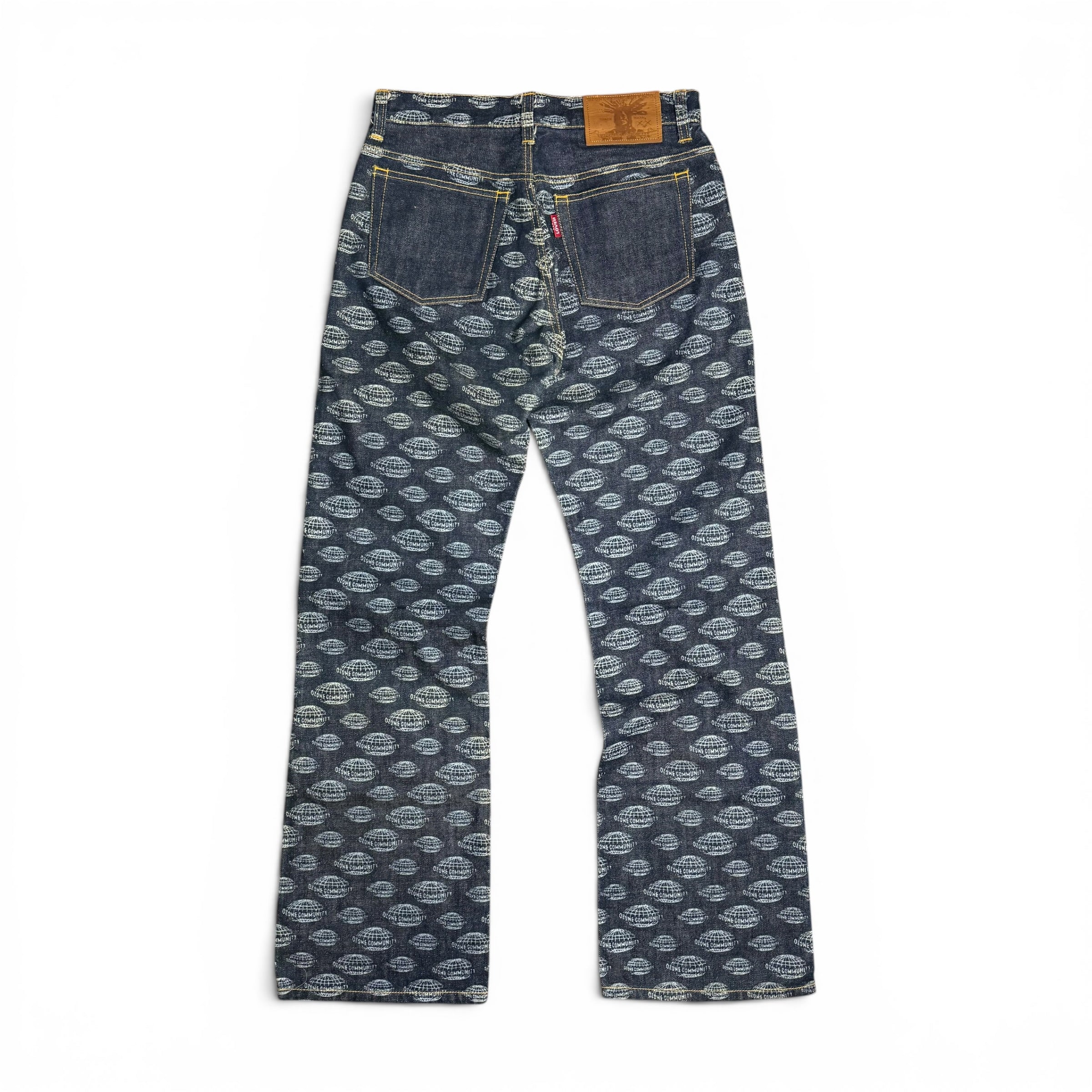 vintage ozone community all over print globe logo flared japanese denim