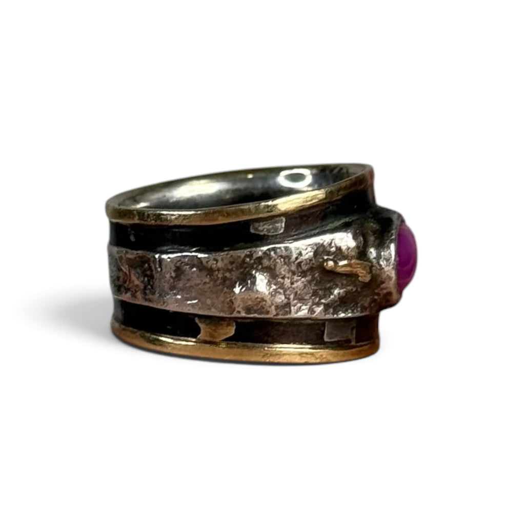 vintage shins japanese artisan K18 gold + silver synthetic star ruby textured band ring