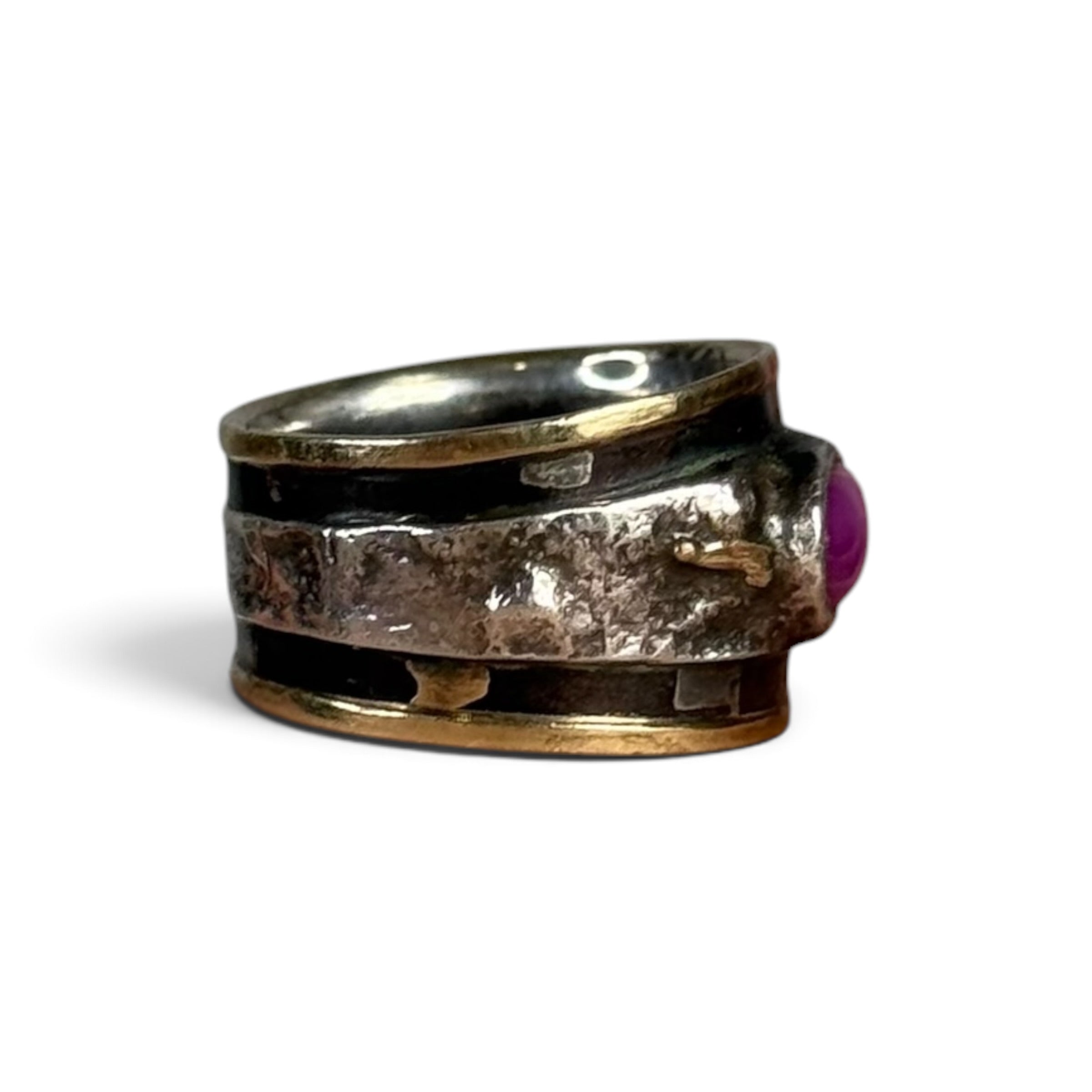 vintage shins japanese artisan K18 gold + silver synthetic star ruby textured band ring