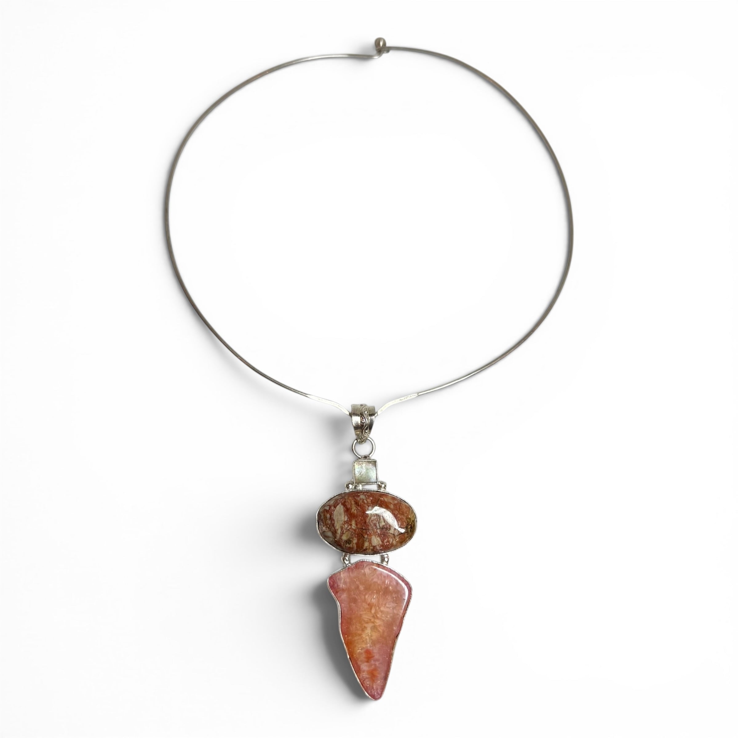 vintage 925 sterling silver jasper quartz torque collar choker + statement pendant set