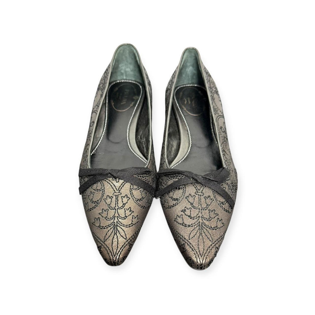 prada embroidered floral pointed toe ballet flats