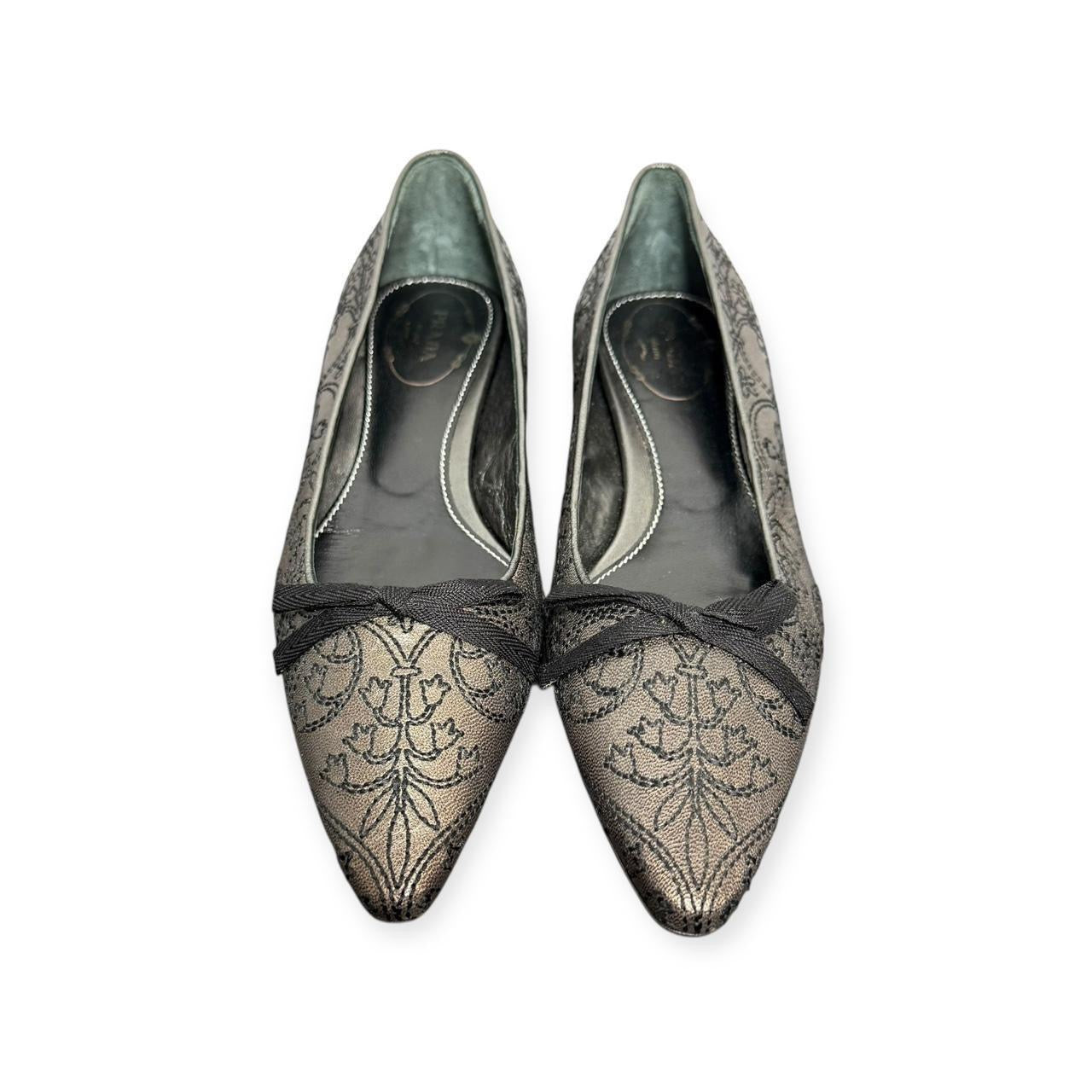 prada embroidered floral pointed toe ballet flats