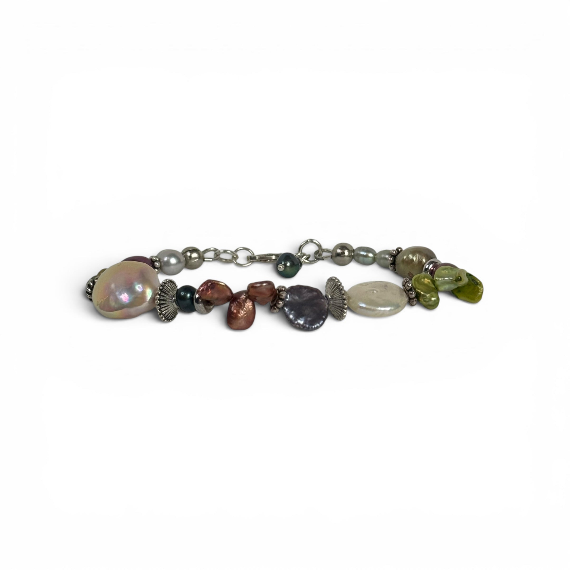 artisanal 925 sterling silver multicolor baroque pearl beaded 8” bracelet