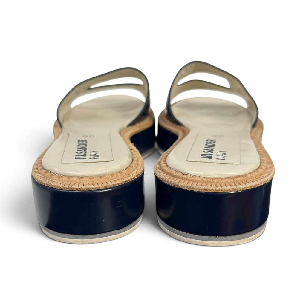 jil sander navy blue leather cutout platform slide sandals