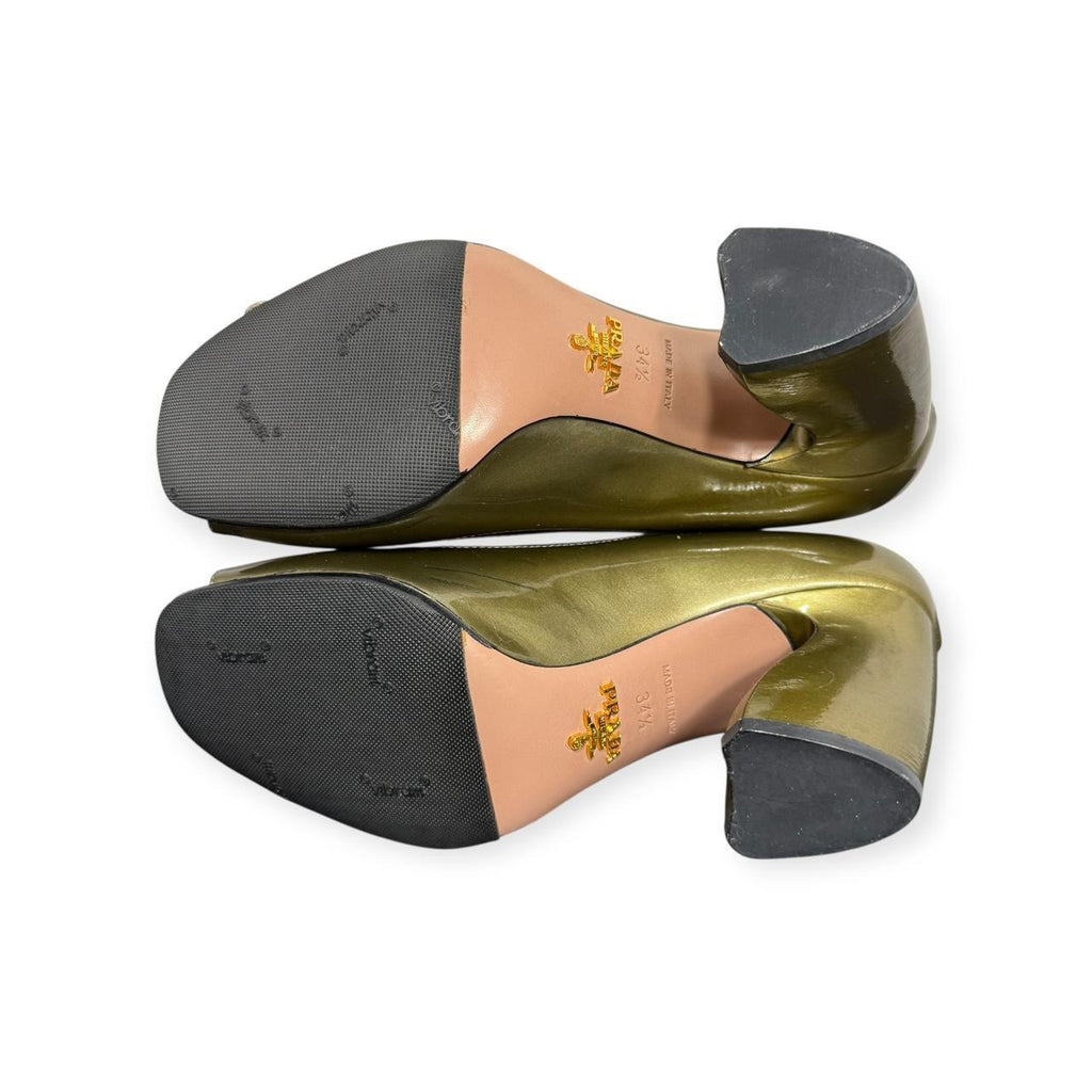 prada metallic green patent leather block heel button pumps