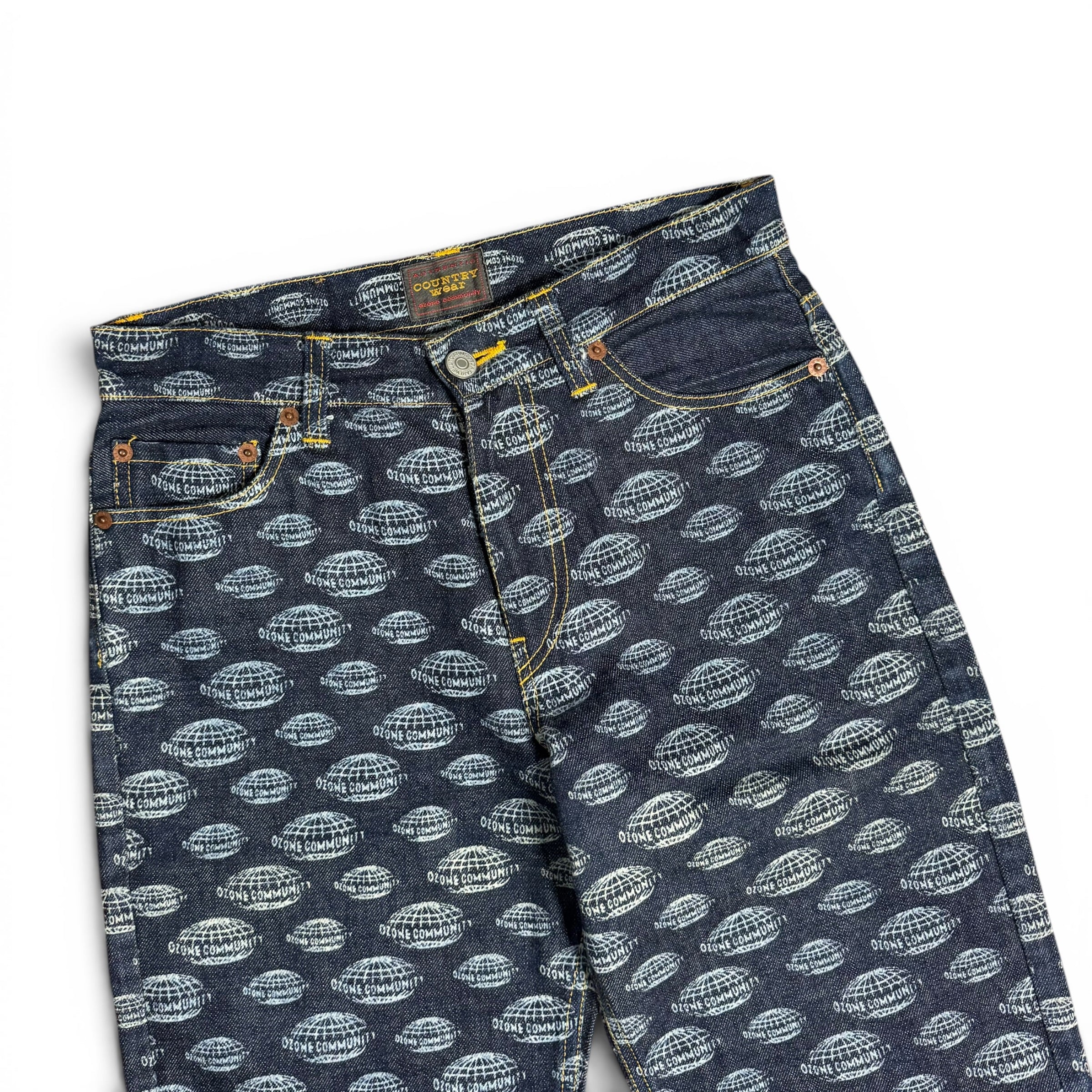 vintage ozone community all over print globe logo flared japanese denim