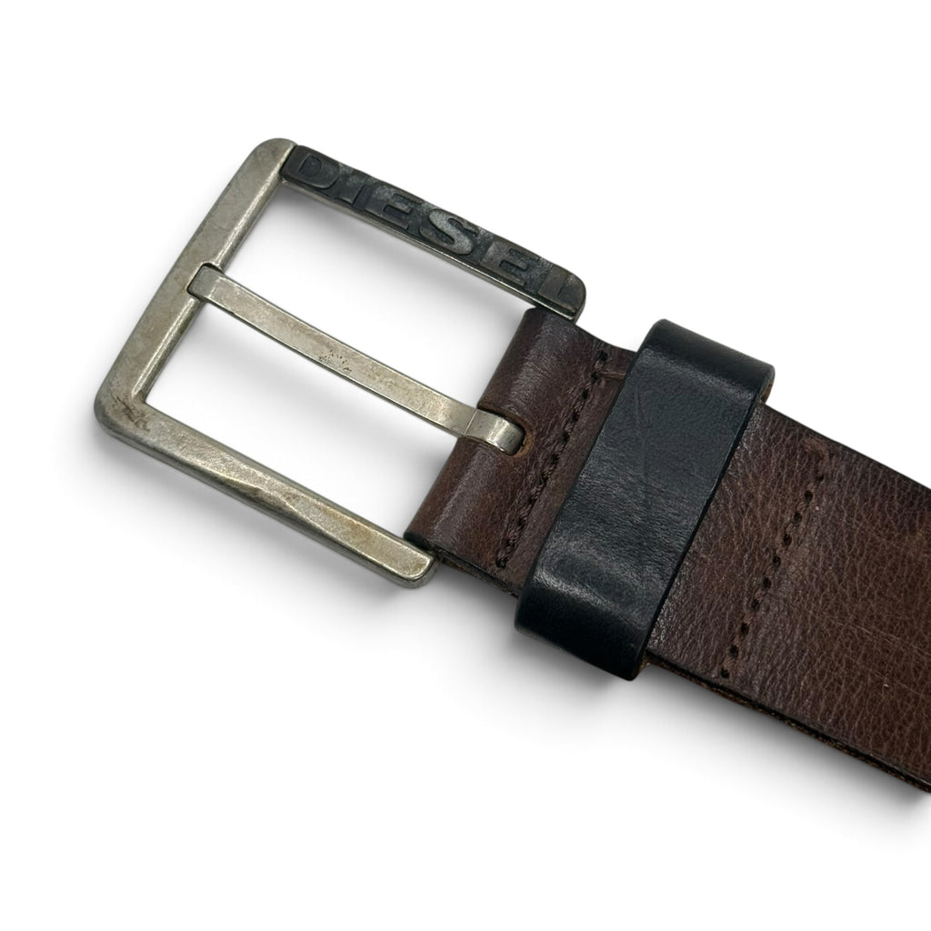 vintage diesel embossed metal logo buckle brown leather belt