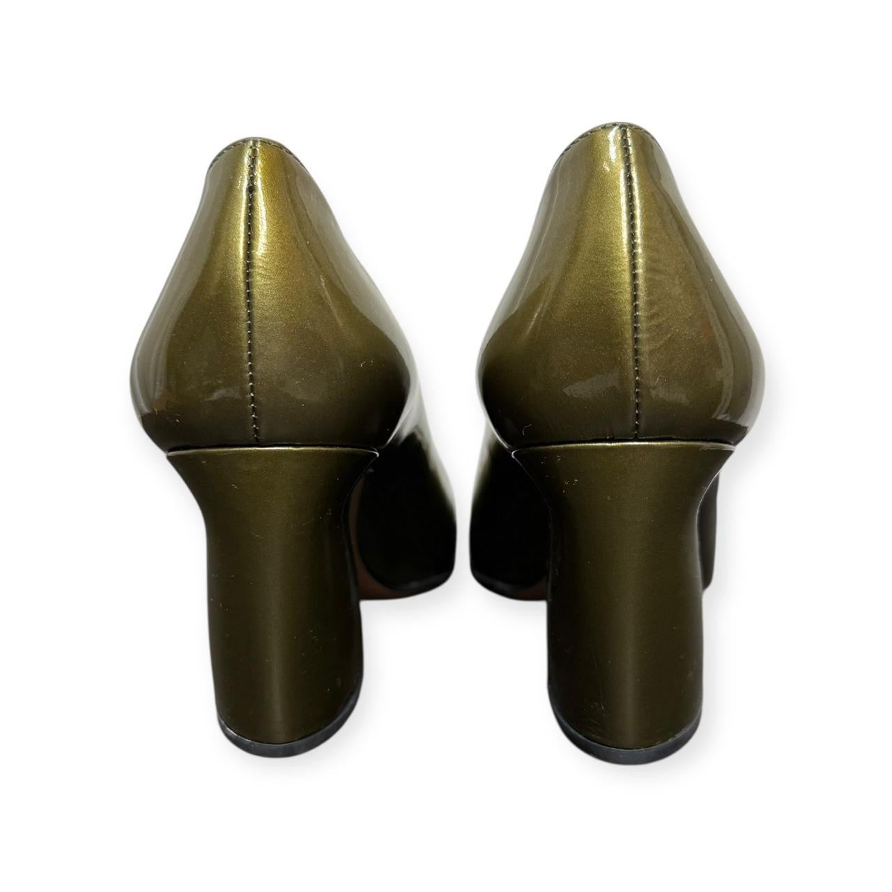 prada metallic green patent leather block heel button pumps